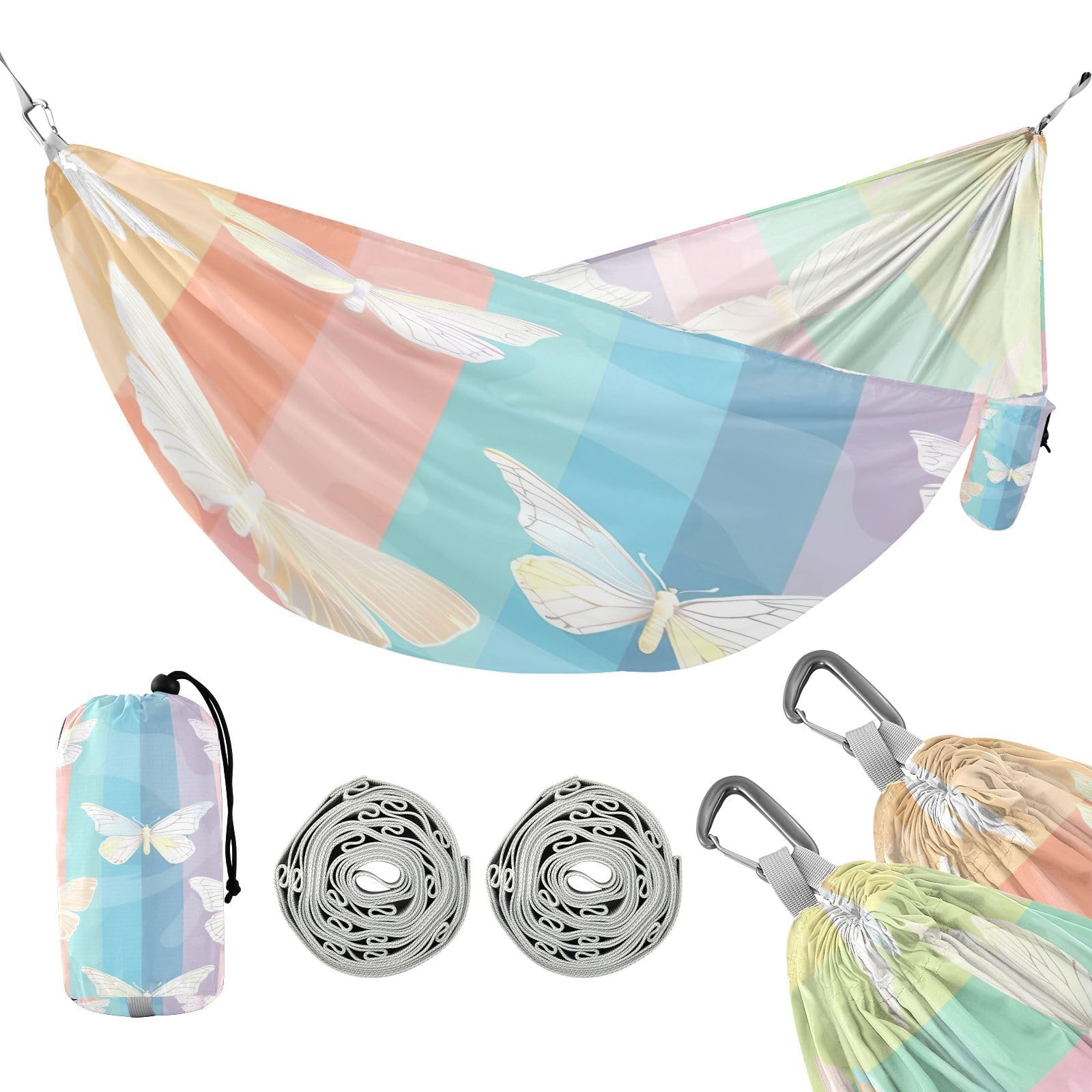 ATTX Rainbow Butterflies Camping Hammock - Lightweight & Portable Hammocks, Heavy Duty 330lbs Capacity for Indoor, Hiking, Backpacking, Travel, Backyard, Beach#519