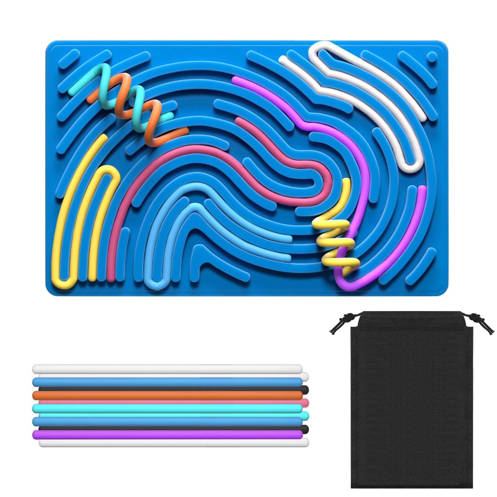 Sensory Activity Board, Double-Sided Silicone Fidget Toy with includes Portable Travel Bag & 20 Strings | Silent, No Mess Stress Relief for Kids 3+, Teens & Adults (Blue)