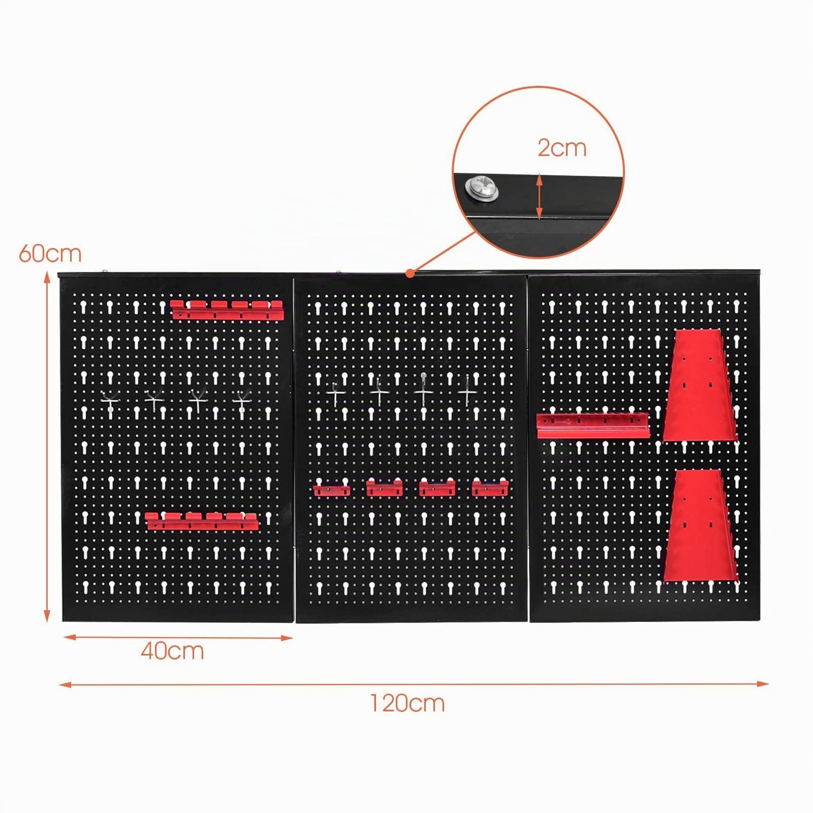 GYMAX Set di 3 Pannelli Forati Portautensili da Parete, Pannelli Portautensili in Metallo Verniciato, con Accessori Completi, Ideale per Garage e Officina, 120 x 60 x 2 cm, Nero