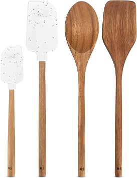 Real Simple Silicone Spatulas and Wooden Spoon Cooking Set | Wooden and 2 Silicone Spatulas for Nonstick Cookware | Heat Resistant and Dishwasher Safe