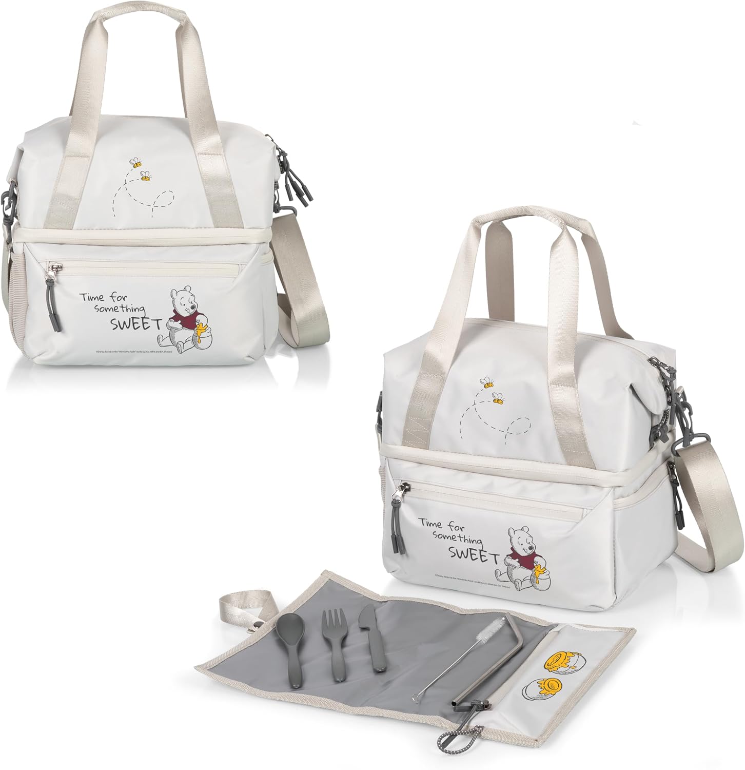 Picnic TIME Disney Winnie The Pooh Tarana Insulated Lunch Bag, Recycled Fabric Lunch Box with Picnic Set, Expandable Cooler Tote with Utensils and Straw, Halo Gray (Halo Gray)