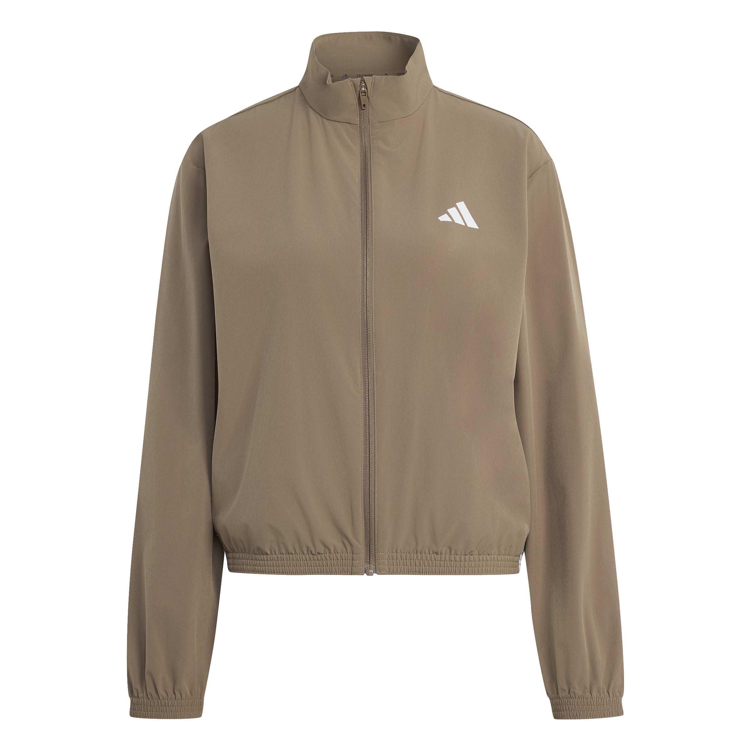 adidas Women's Train Essentials 3-Stripes Woven Warm Up Sweatshirt, Khaki Six/white, XS
