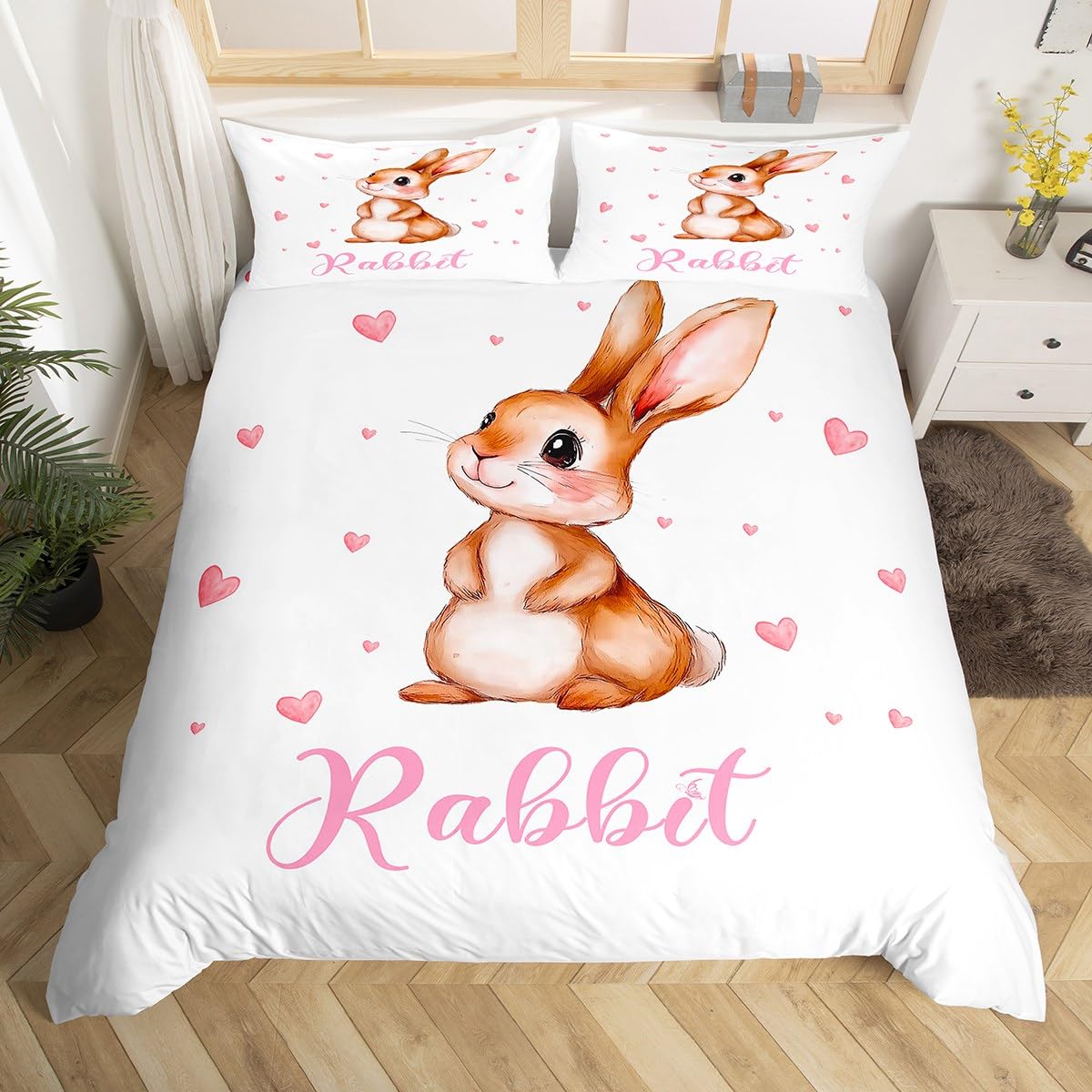 Loussiesd Children'S Rabbit Duvet Cover Cot Pink White Girl Animal Printed Bedding Set With Zipper Soft Microfiber Rabbit Bedding Set Comes With 1 Pillowcases — image 1