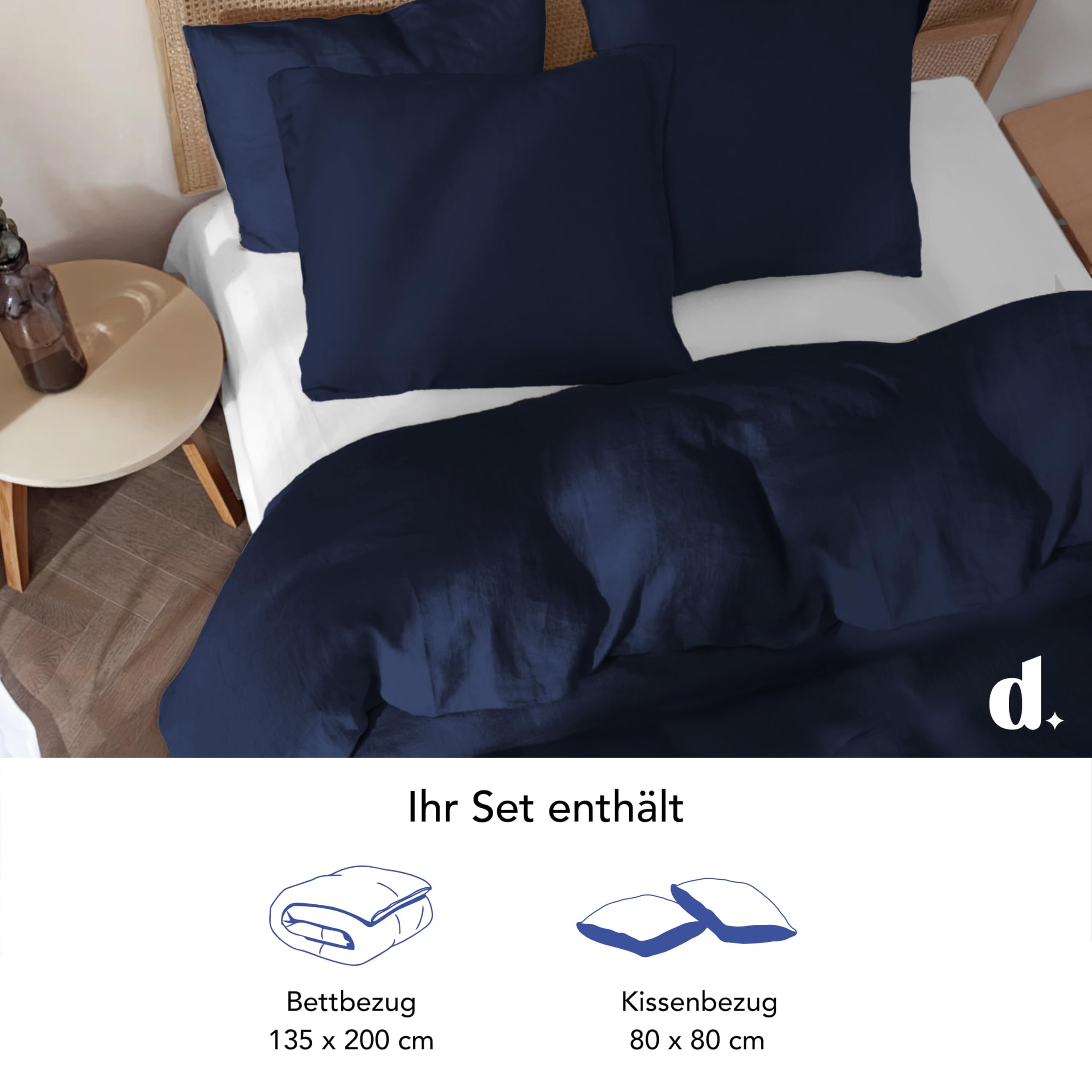 Dreamzie Bettwäsche-Set 135x200 aus Baumwoll-Perkal – Dunkelblau – Bettbezug 135x200 und 1x Kissenbezug 80x80 cm – Oeko-Tex Zertifiziert