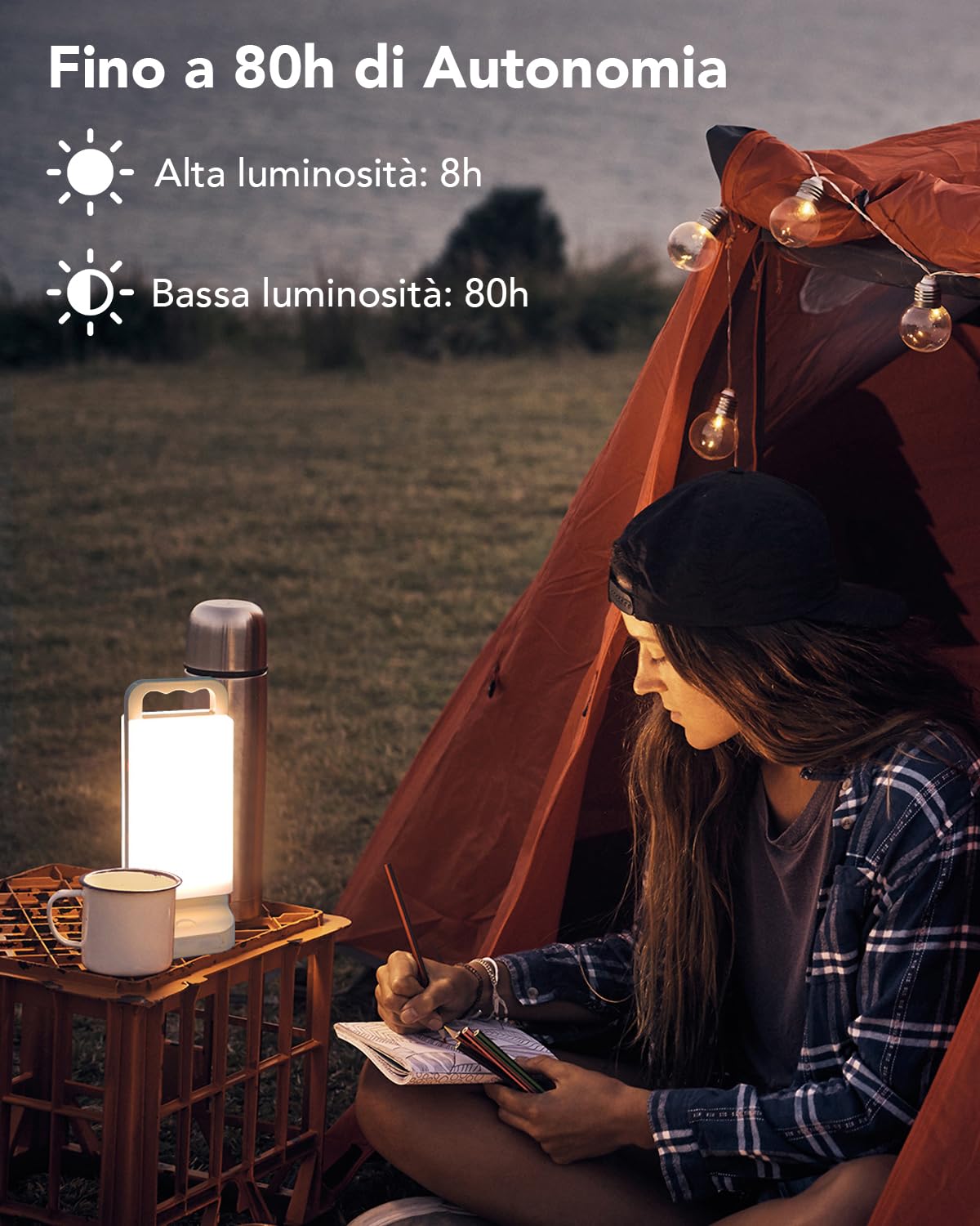 Lepwings Lampada da Campeggio Solare Ricaricabile 6000mAh, Lanterna LED Portatile da Esterno fino a 80 Ore, Funzione Power Bank, Luce Touch IPX4 Impermeabile per Tenda, Escursione ed Emergenza