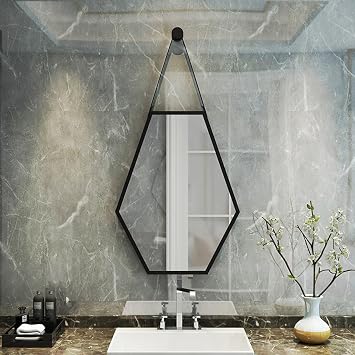 Irregularly Hexagon Metal Frame Wall Hanging Mirror,Decorative Mirror with Metal Strap,HD Makeup Mirror,Bathroom Mirror,for Bathroom Bedroom Living Room,4 SizesSize46cm56cm,ColorBlack