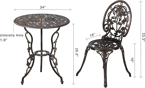 Miniatura 6 de HOMEFUN Juego de 2 mesas y sillas de bistró para exteriores, juego de 3 piezas, diseño de rosa, aluminio fundido para jardín, balcón, resistente a