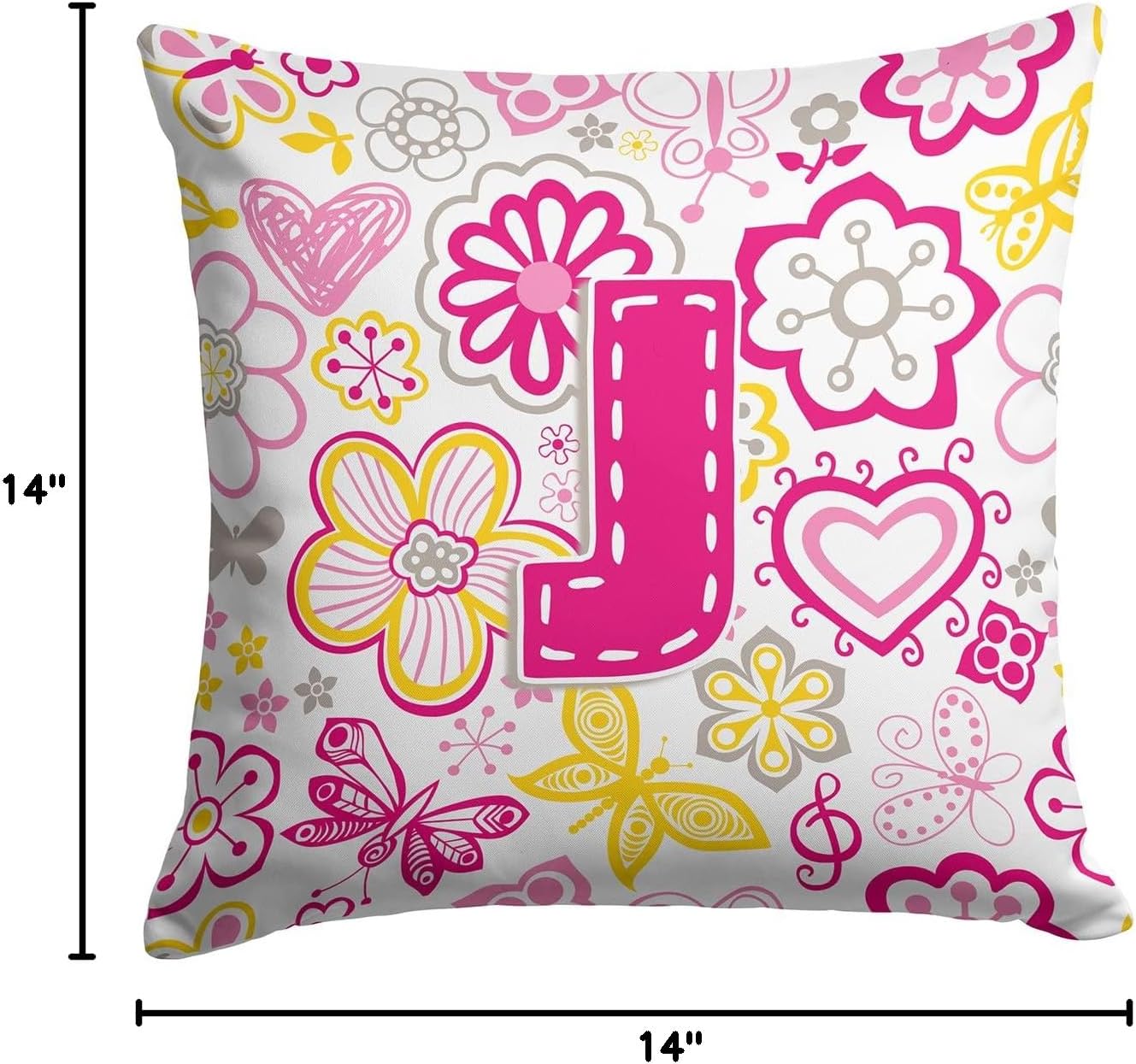 Caroline's Treasures CJ2005-JPW1414 Letter J Flowers and Butterflies Pink Fabric Decorative Pillow 100% Machine Washable Pillow, Indoor or Outdoor Decorative Throw Pillow for Couch, Bed or Patio