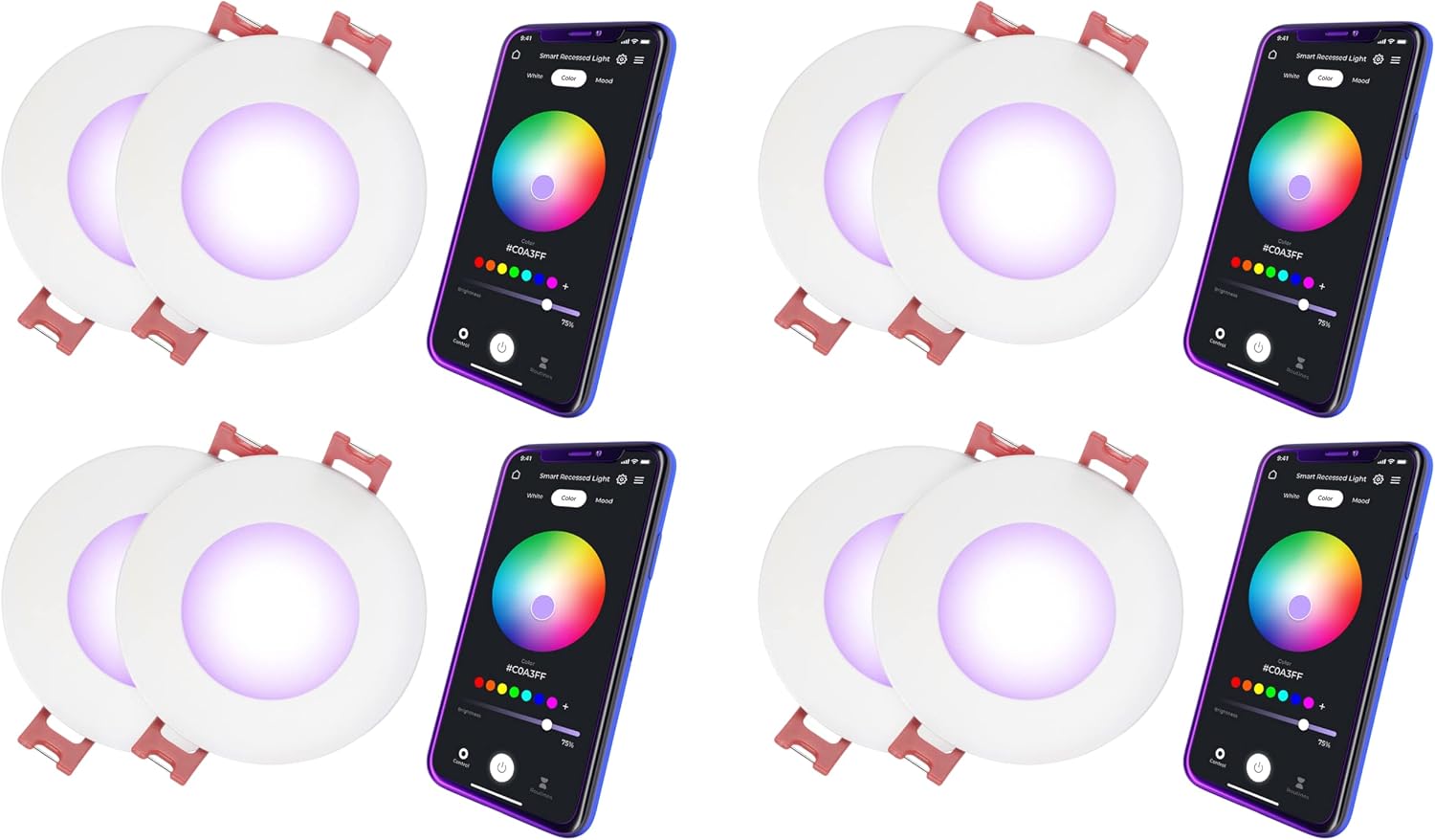 GLOBE Electric 50466 Wi-Fi Smart 3" Ultra Slim LED Recessed Lighting Kit, No Hub Required, Voice Activated, 7 W, Multicolor Changing RGB, Tunable White 2000K-5000K, 390 Lumens, Wet Rated |(Pack of 8)