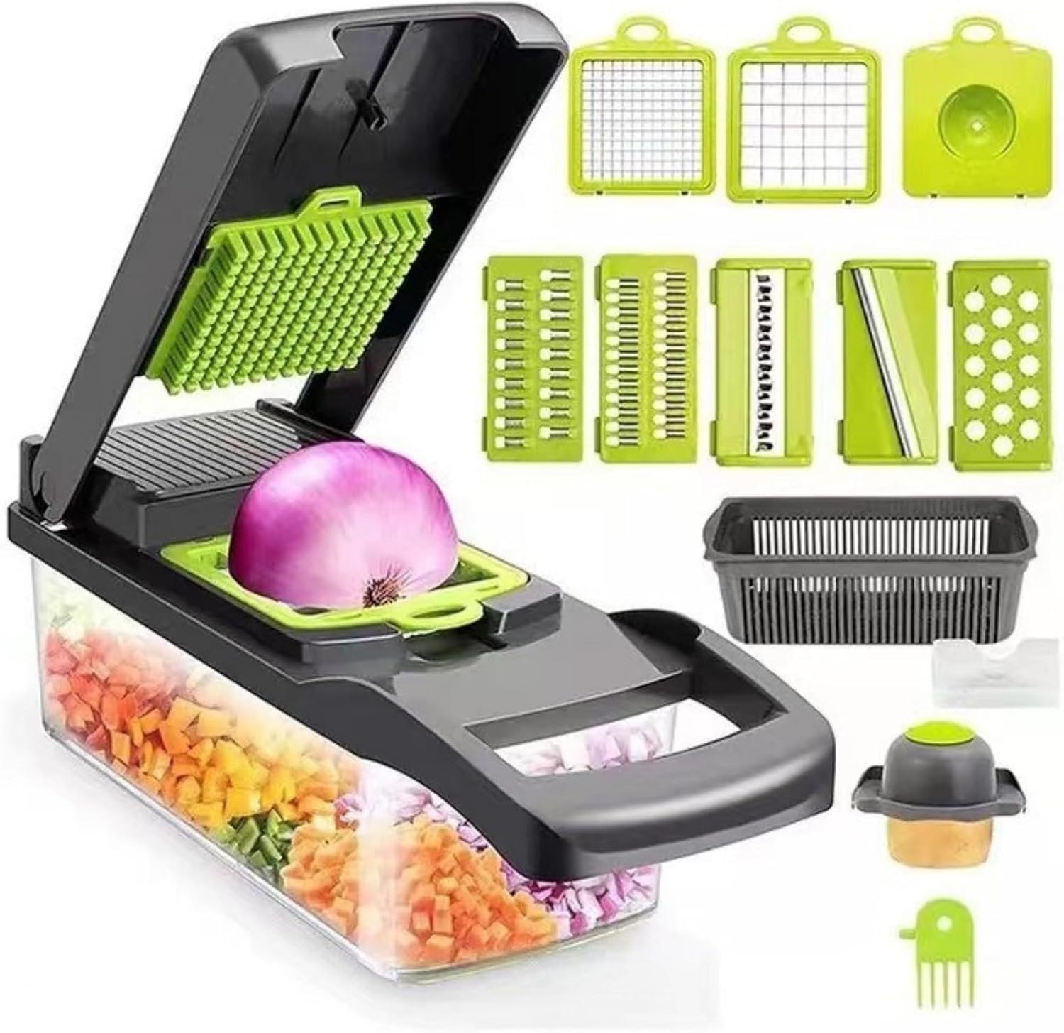 16-piece vegetable chopper | 3-second food processor suitable for family and baby food | Multi-functional slicer, dicer, grater | Easy to clean (suitable for parents/elderly people/beginners)