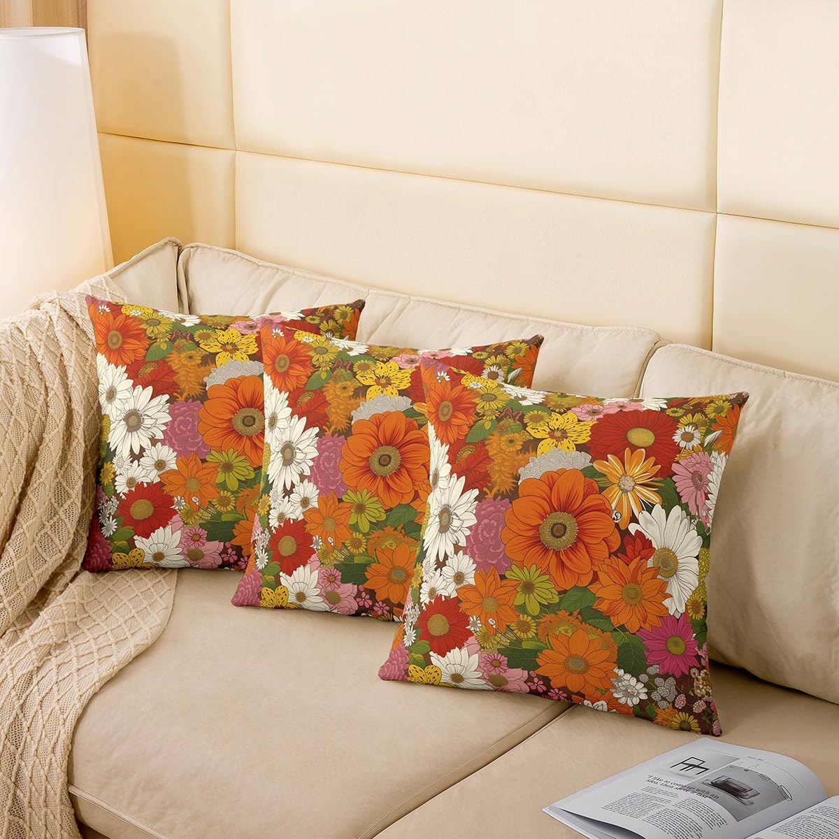 Colorful Flowers Pillow Covers 24x24 Inch Set of 2 70s Groovy Daisy Vintage Floral Butterfly Pillow Cases for Girls Teens Adults Rustic Garden Hippie Style Cushion Covers for Room Decor Bed