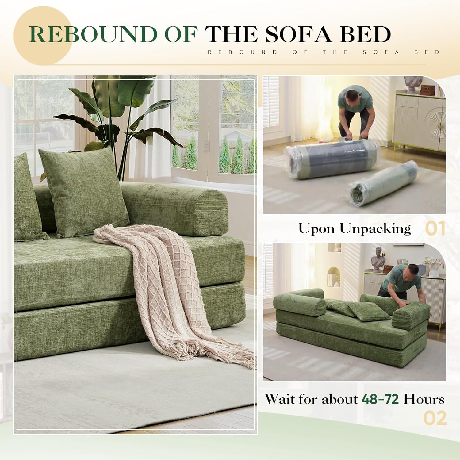 Deolme 3 in 1 Convertible Futon Sofa Bed, Modern King Size Chenille Loveseat Sleeper Sofa Folding, 3-Seater Foldable Lounger Couch Bed for Living Room, Bedroom Guest Room (Green, 3 Throw Pillows)