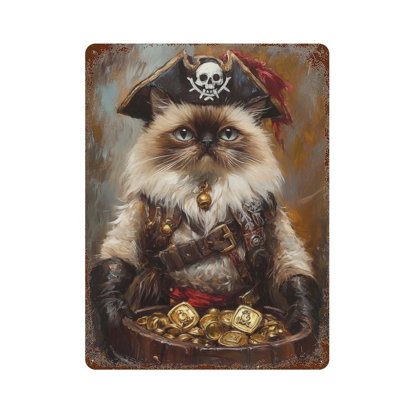 Rust Effect Pirate Cat Treasure Chest-14 Rustic Tin Plaque 15.7"x11.8", Shabby Chic Decor for Basement, Hobby Room And Garage Decor