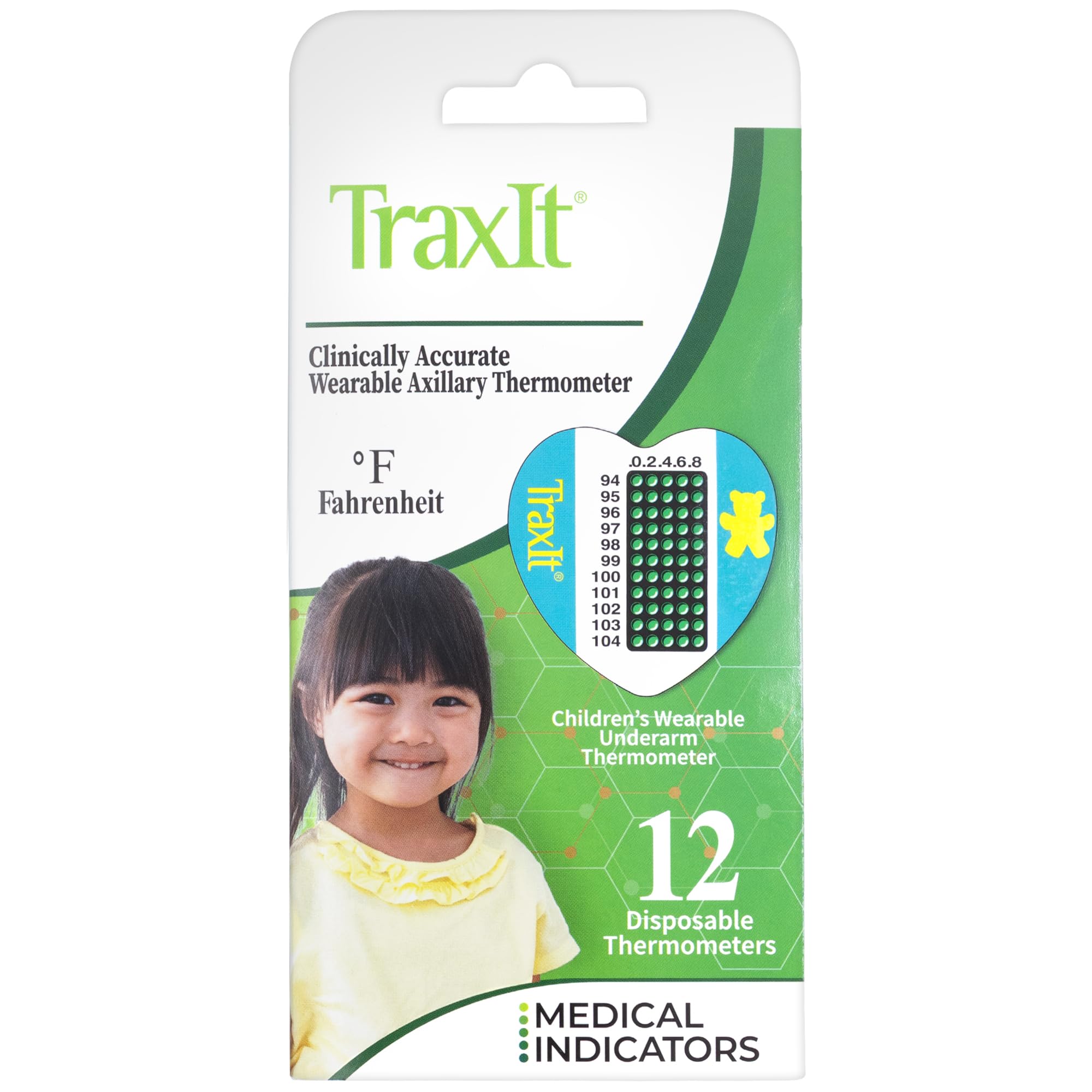TraxIt Underarm Thermometer Sticker for Kids, Babies 6+ Months (12-Pack, Fahrenheit) — Wearable for Up to 48 Hrs with Continuous Temperature Readings,