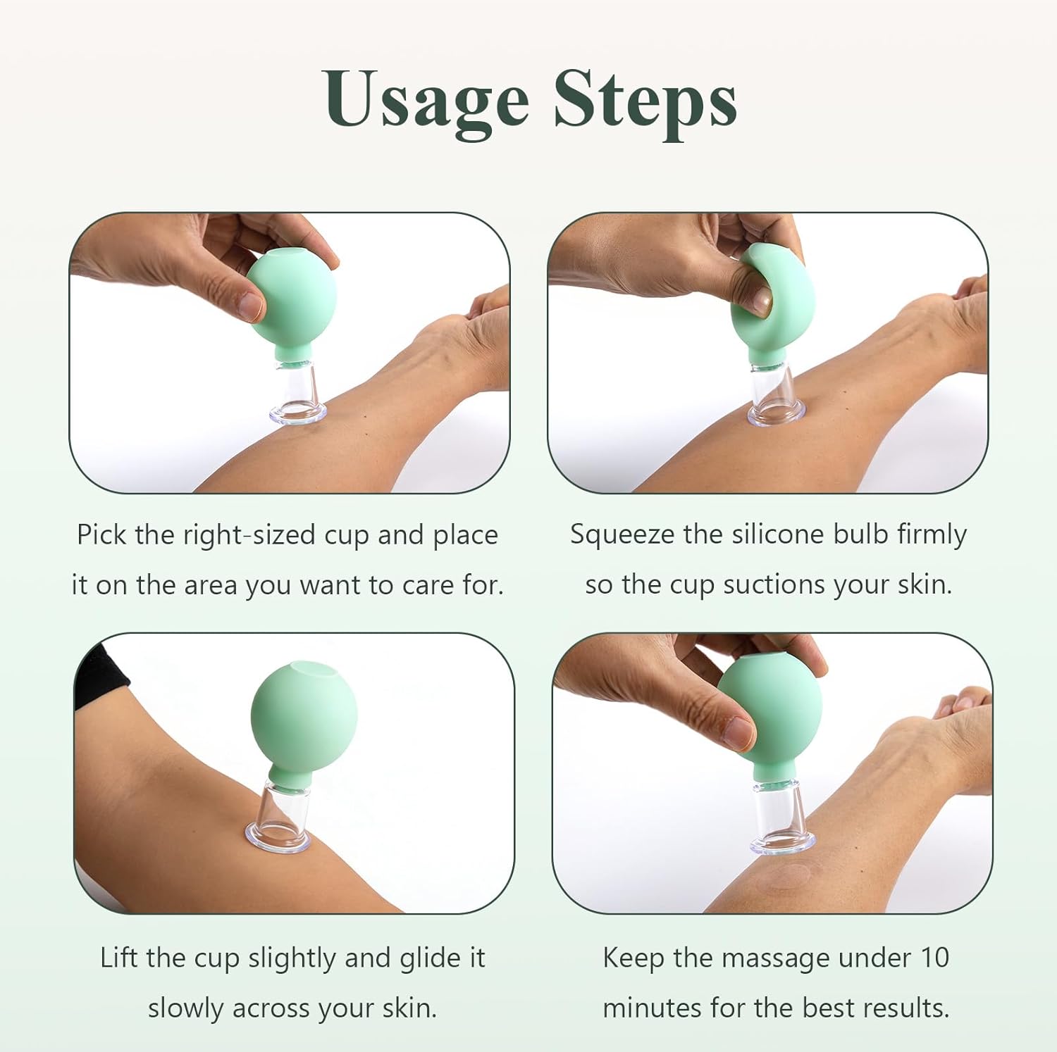 4-Piece Facial Massage Cup Set - Soft Silicone Face Suction Kit for Glowing Skin & Refreshing Contours - 4 Sizes of Mint Green Cups for Daily Beauty Rituals & at-Home Facial Spa - Image 5
