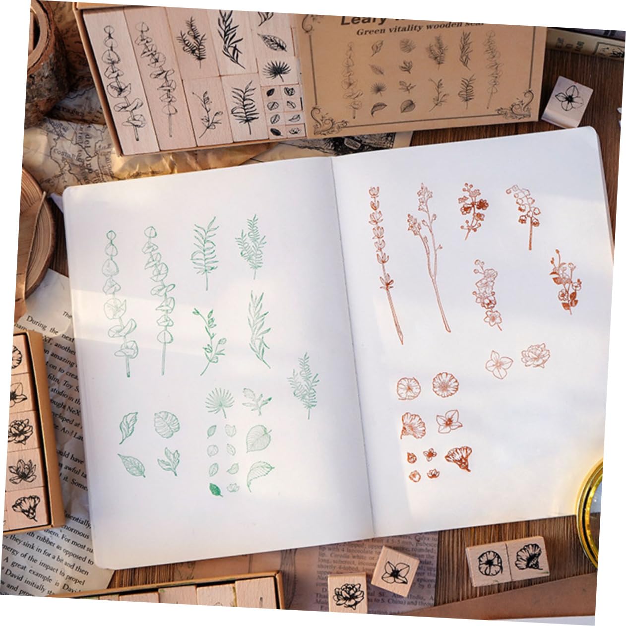 DOITOOL 4 Juegos Juego de focas de plantas mini sellos suministros de diario almohadillas para decoración sello de madera retro álbum de recortes herramienta de bricolaje