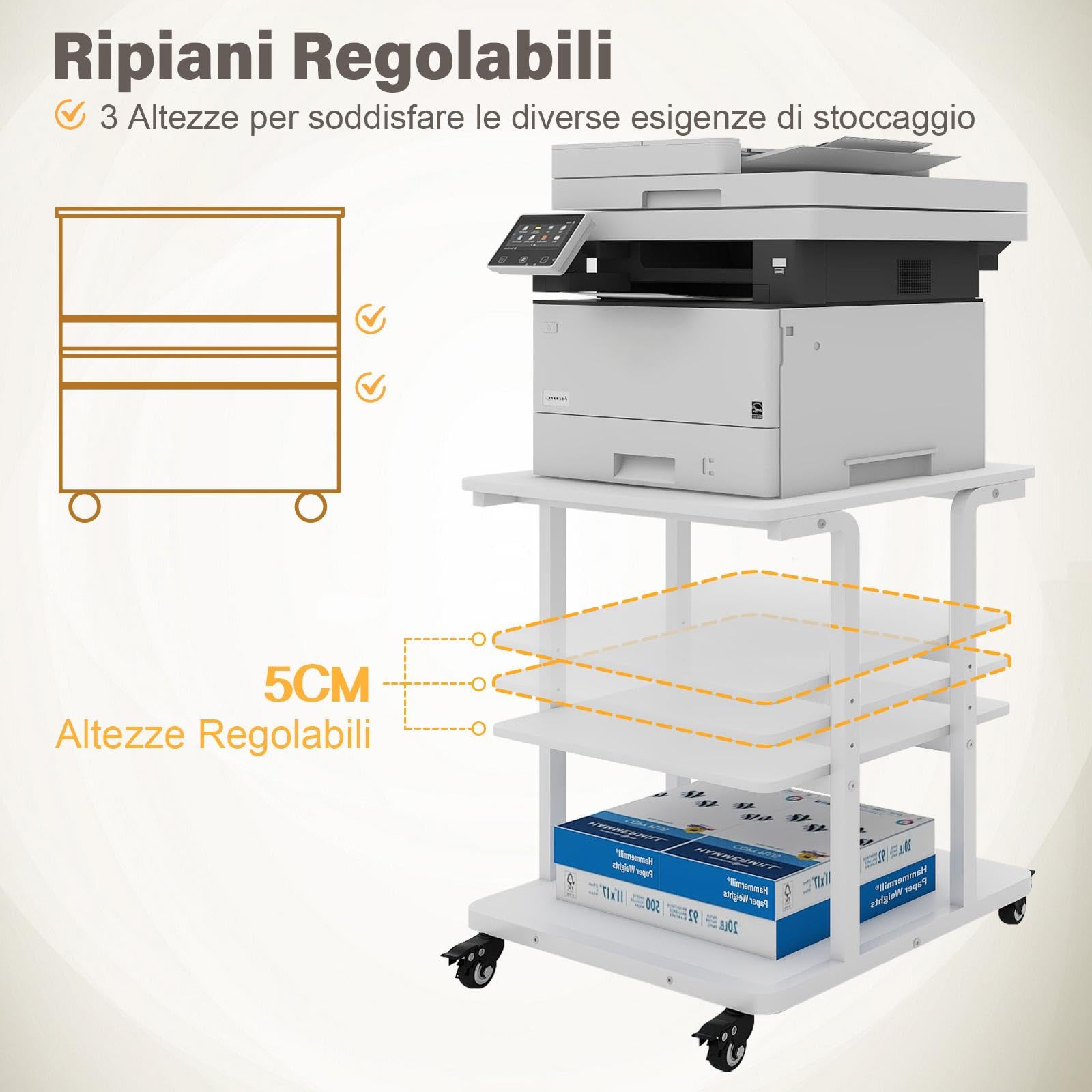 PUNCIA Supporto per Stampante a 3 Livelli Mobile Comodini 60x50x68CM Carrello Porta Tavolino di Stoccaggio con Ruote Scaffale Porta Stampante Sotto Scrivania in Legno per Ufficio e Casa (Bianco)