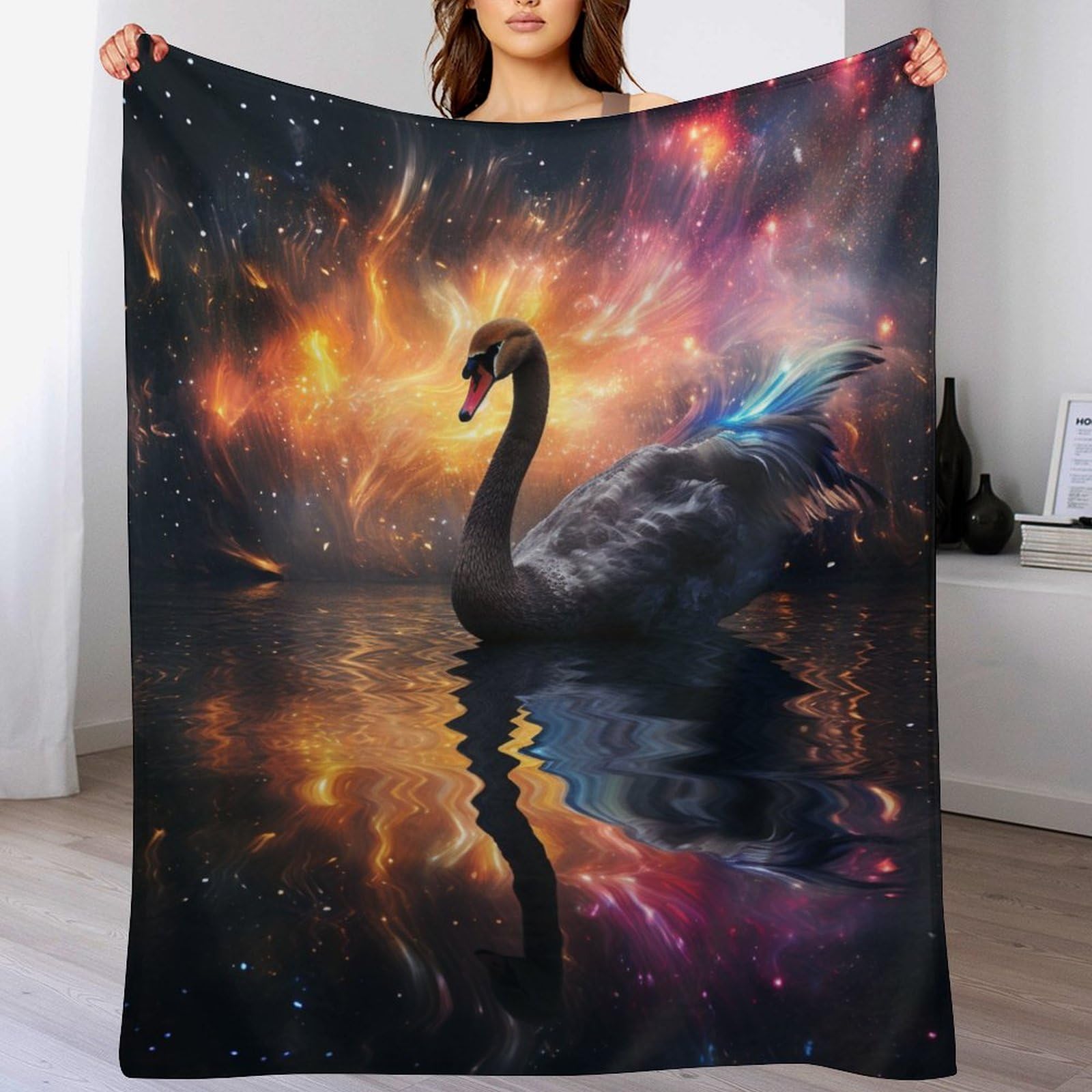 Couverture polaire cygne 3D flannel légère anti-froid pour lit et canapé