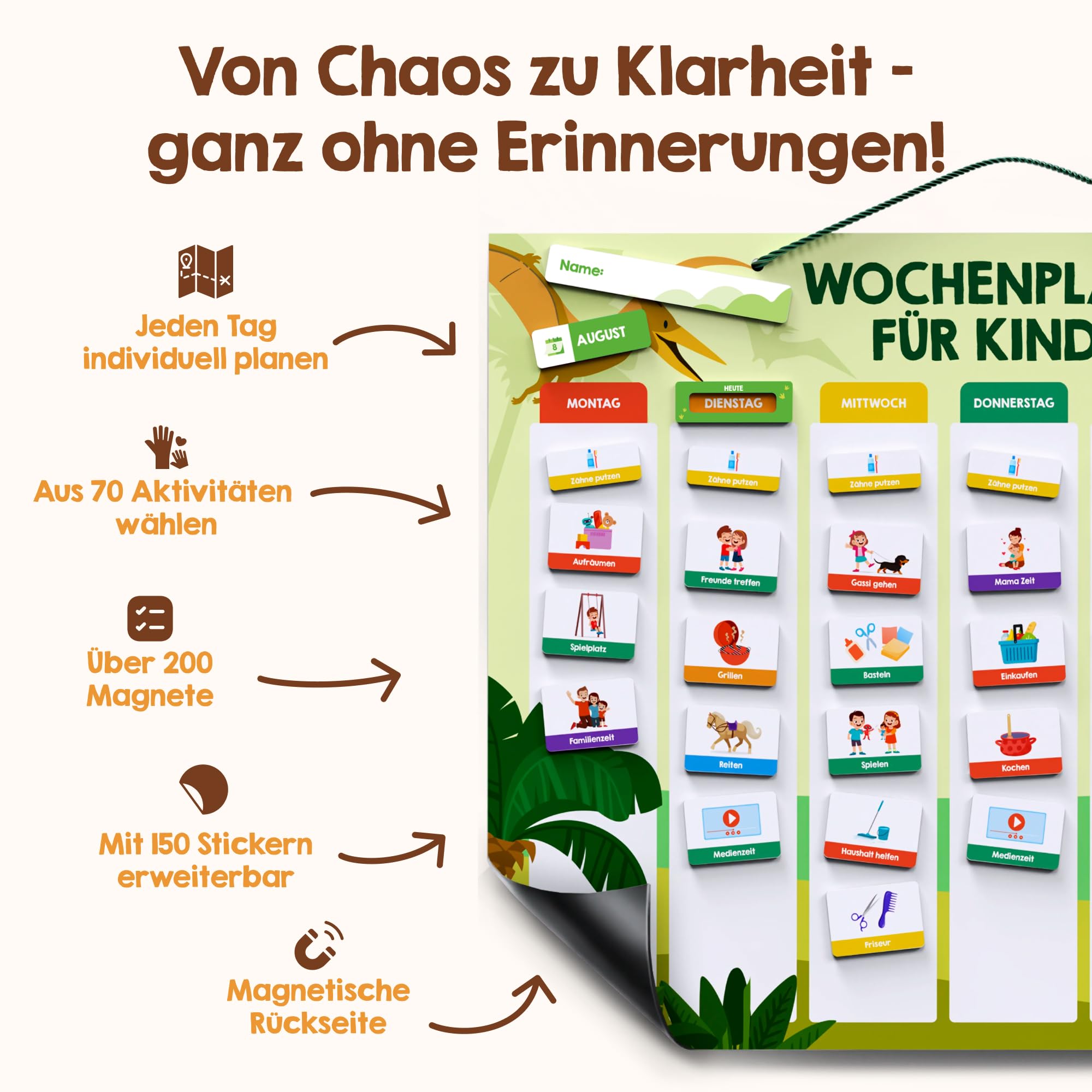 Edubini Wochenplaner Kinder - [223 Magnete + 150 Sticker] - Routine Planer Kinder für Struktur im Alltag - Montessori Magnettafel, Tagesplaner, Aufgabentafel, Belohnungstafel - (inkl. Tasche, Stift)