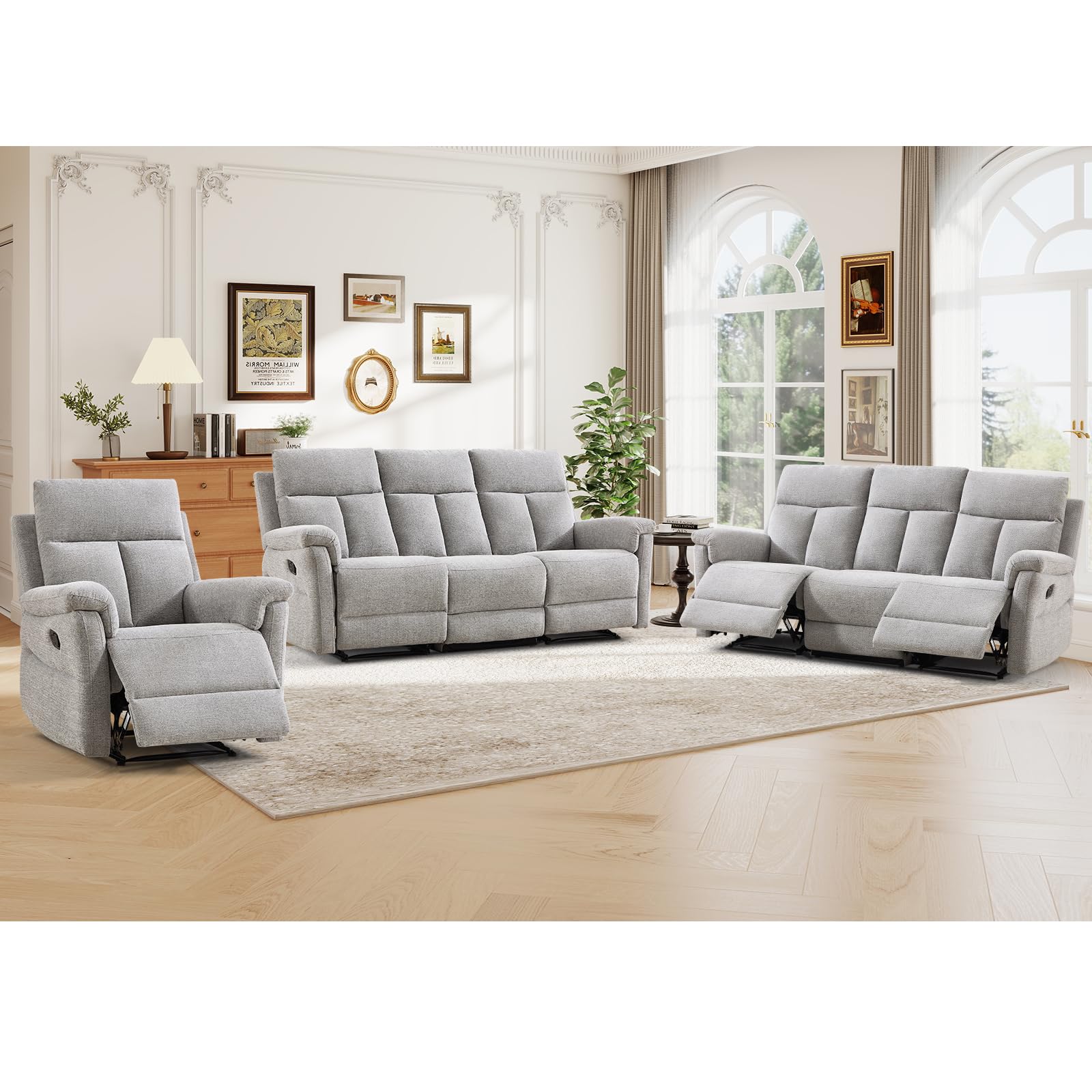 ANJ 3-Piece Manual Recliner Sofa Set, Recliner Chair and Two 3 Seat Reclining Sofas with Overstuffed Backrest and Supportive Backrest, Fabric Reclining Couch Set for Living Room, Light Grey