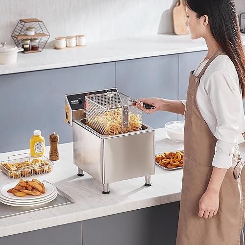 Miniatura 8 de VEVOR Freidora Profunda Comercial, Freidora Eléctrica de Encimera 1750W con Cesta y Pies Ajustables en Altura, Freidora de Acero Inoxidable de 12 Qt