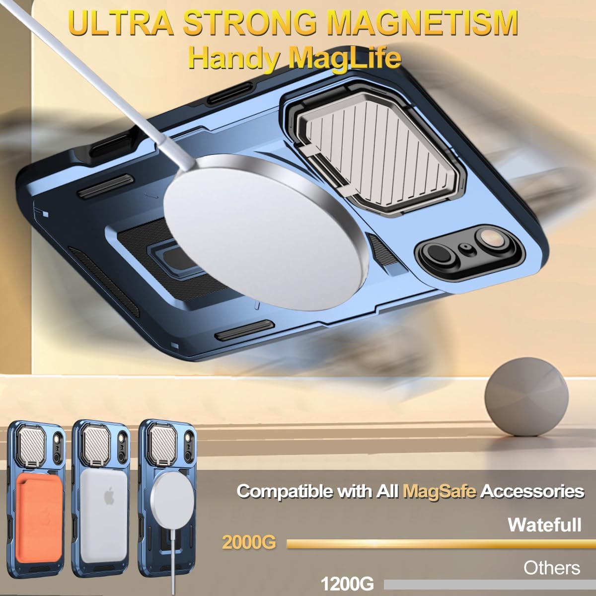 Case Compatible iPhone 17 Pro MagSafe Adjustable Metal Camera Cover Stand with 1 Screen Protector,[Military-Grade Protect] Rugged Heavy Duty Magnetic Men Case for iPhone 17 Pro 6.3" Blue image 2