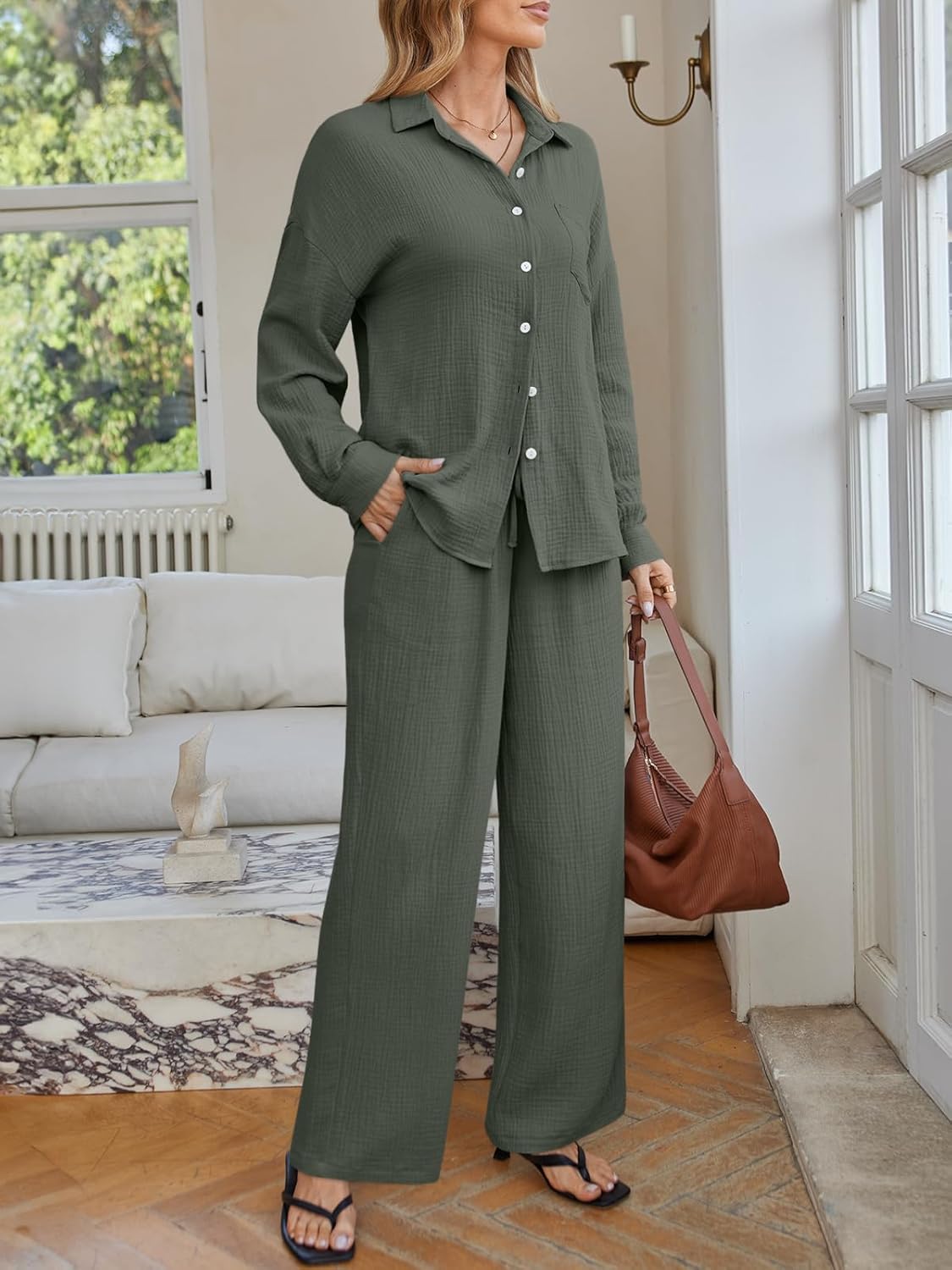 LILLUSORY Womens 2 Piece Linen Matching Lounge Sets 2026 Summer Vacation Outfits Long sleeve Button Down Oversized Pant Sets - Image 3