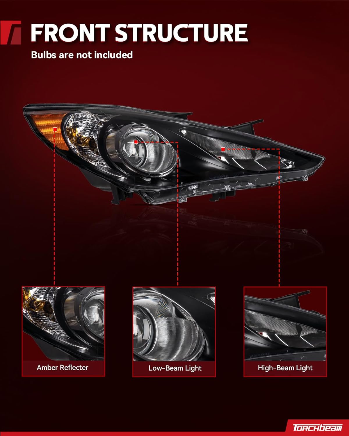 Torchbeam Headlight Assembly Compatible with 2011 2012 2013 2014 Sonata GLS/Limited/SE Headlamp Replacement for Black Housing Amber Reflector Driver and Passenger Side (Except Hybrid)