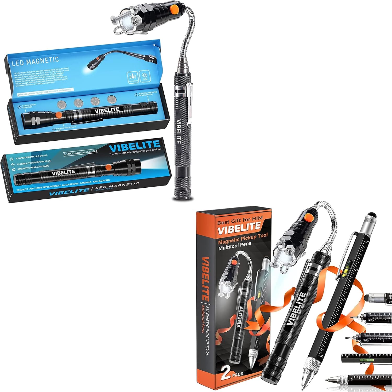 Gifts for Men Magnetic Pickup Tool and 6 in 1 Multi Tool Pen with Touch Screen Stylus, Rulers, Bubble Level, Flathead, Phillips Screwdriver, Ballpoint Pen, 2 Pack Cool Gadget Set