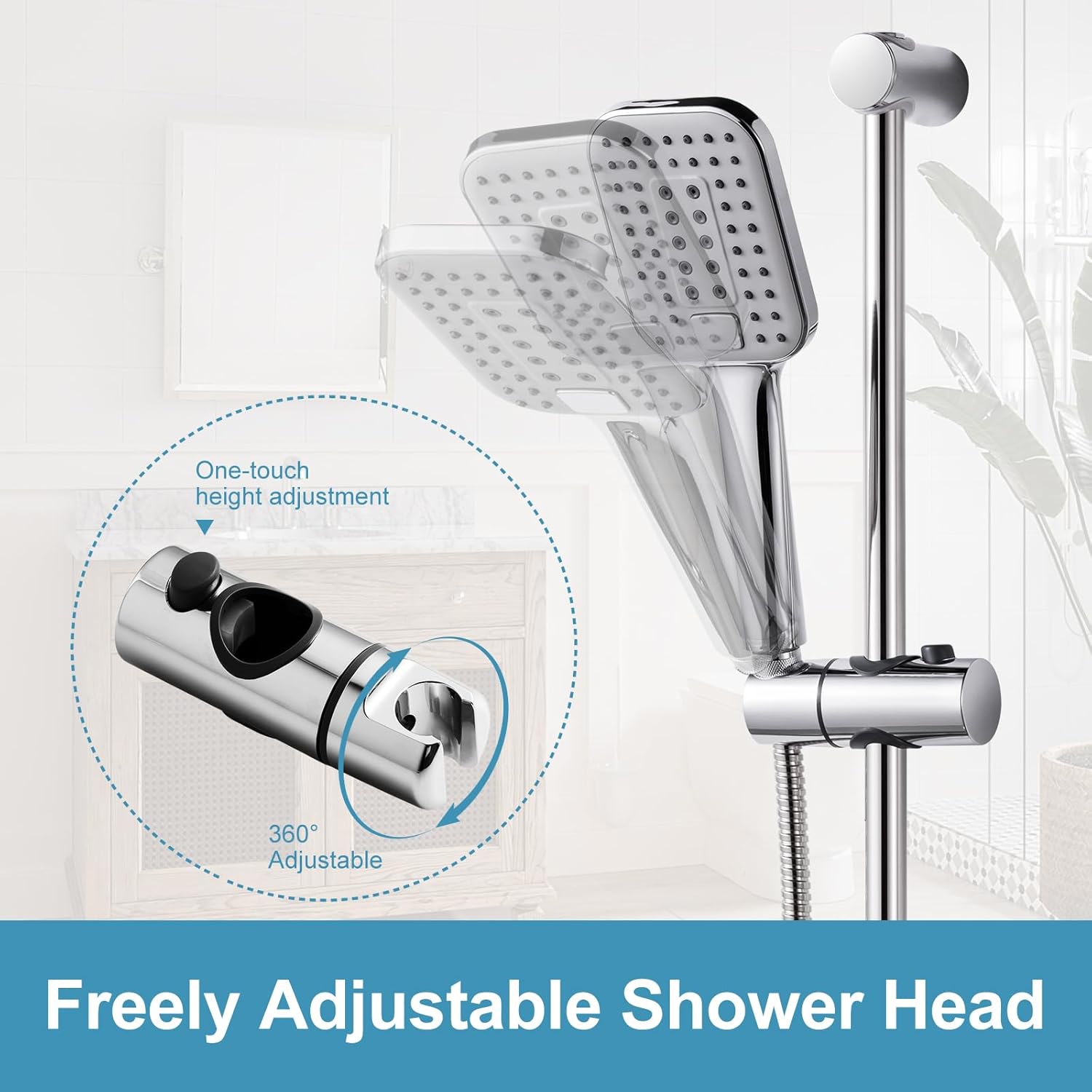 OFFO Shower Slide Bar Combo, Adjustable 21 in Slide Bar with 3-Mode Square Handheld Shower Head and 60 in Stainless Steel Hose, Screw Wall Mounted, Chrome Finish