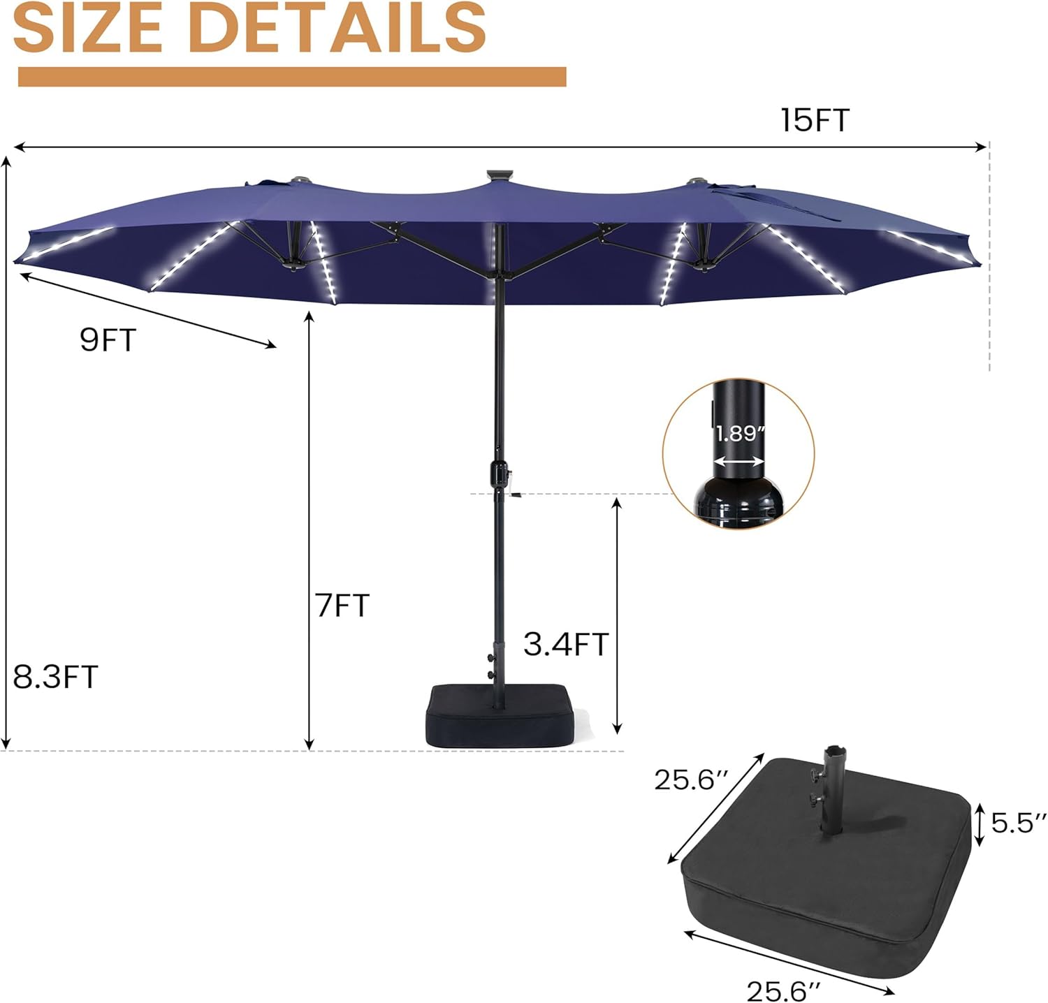 15FT Double Sided Umbrella with 144 LED Solar Lights, Outdoor Patio Umbrella with Base, Large Rectangle Market Umbrella UV Protection Wind Resistant for Patio Table, Backyard Deck Poolside (Navy)