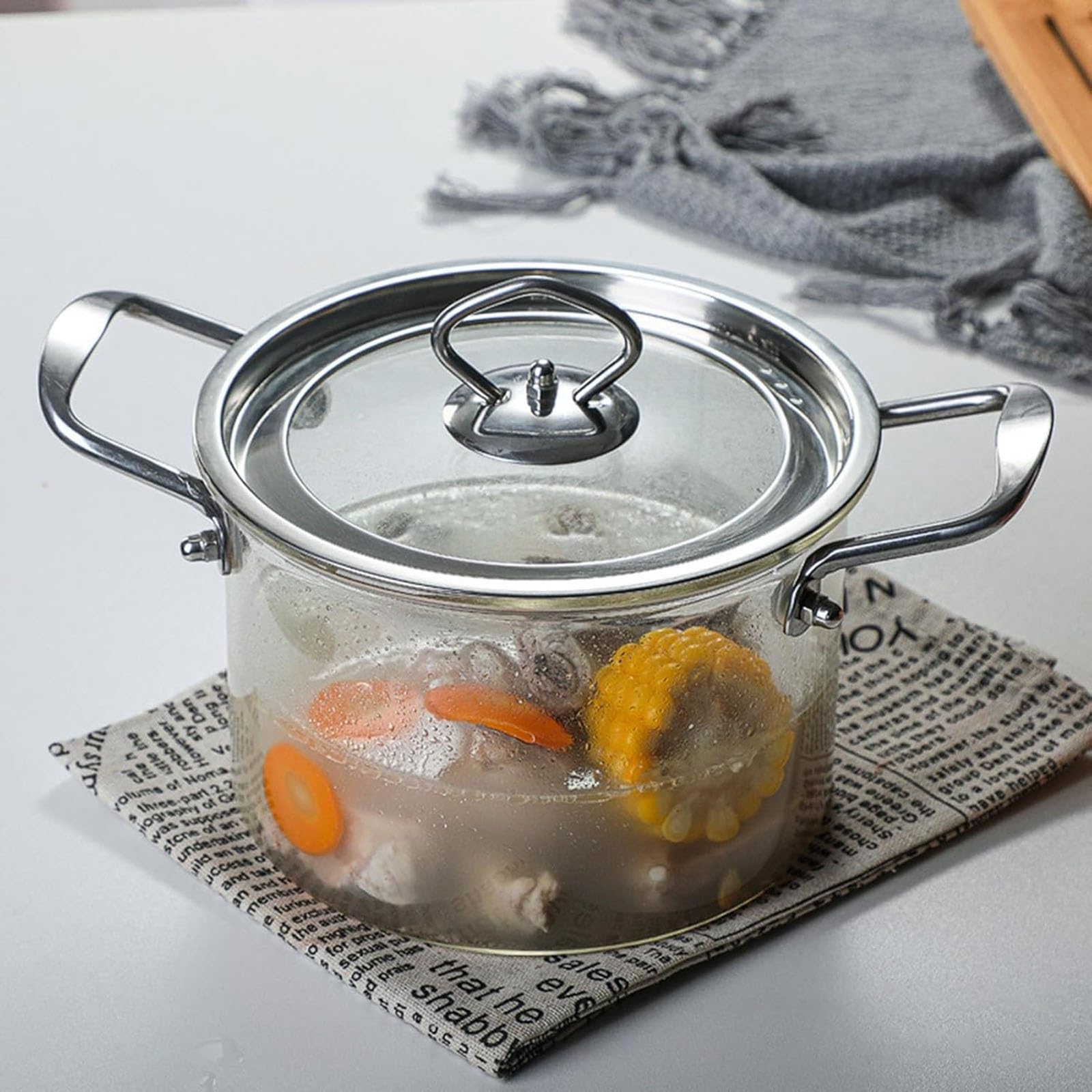Klarglas Eintopf Transparenter Suppentopf mit Edelstahlgriff zum Kochen von Suppe, Nudeln, Milch - 3,5 l Fassungsvermögen