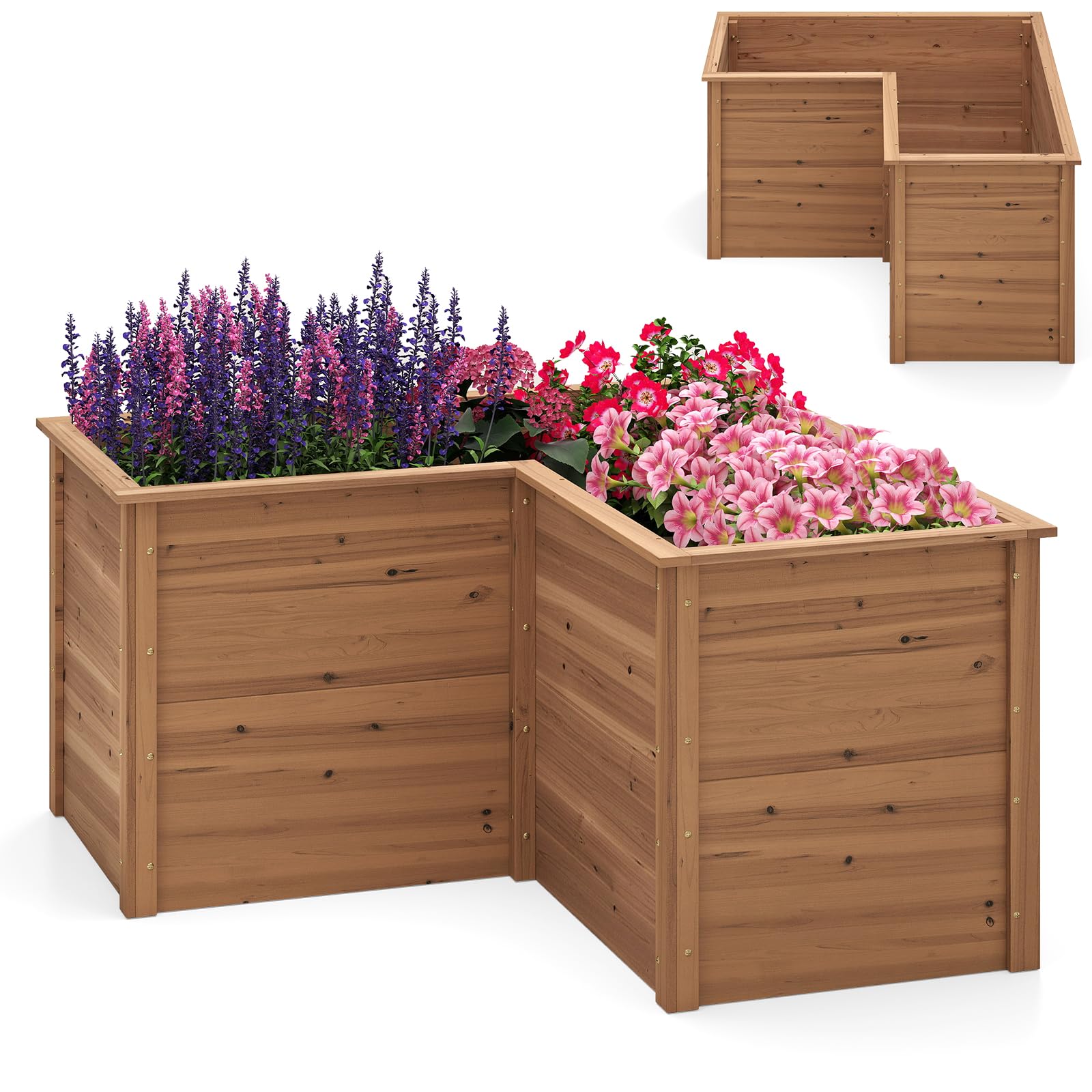 HOMASIS Orto Rialzato da Esterno per Giardino in Legno a Forma di L, Fioriera Rialzata con Fondo Aperto, Vaso per Piante da Giardino, Balcone o Terrazza, Letto per Fiori, Verdure, Erbe (Marrone)