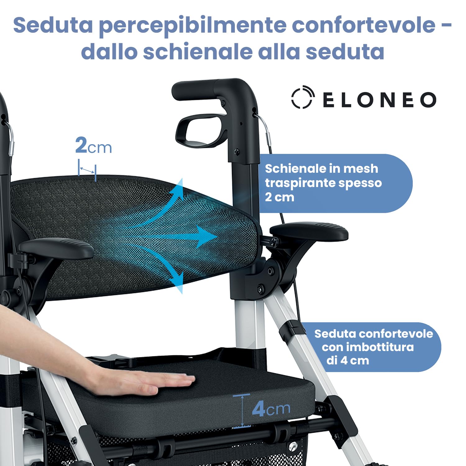 ELONEO Sedia a Rotelle Rollator 2 in 1 Pieghevole e Leggero con Seduta, Rollator da Esterno Pieghevole e Leggero per Tutti i Terreni, Deambulatore in Alluminio, Sedia a Rotelle da Trasporto, argento