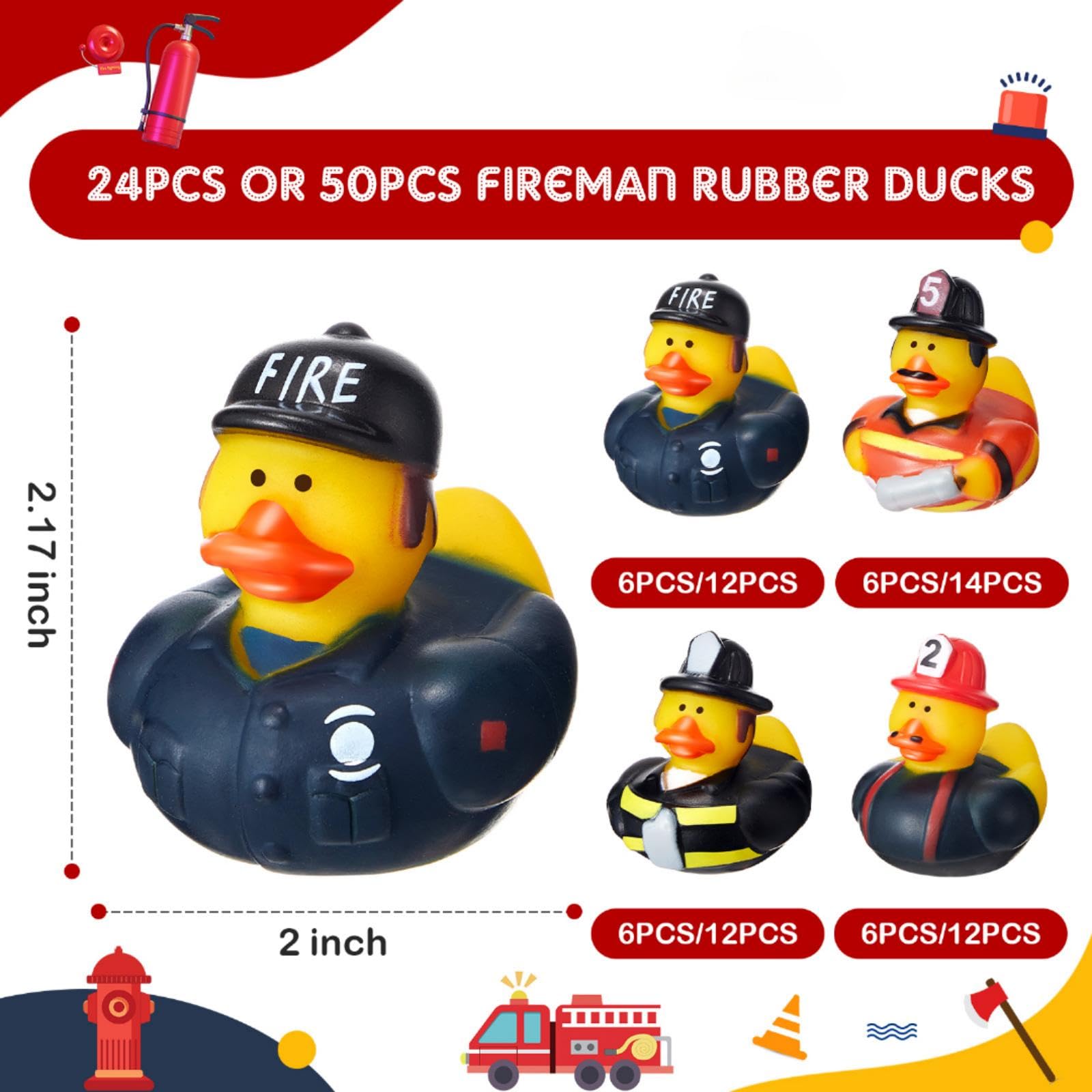 DEEKIN Fireman Rubber Duck 2 Inch Firefighter Hero Ducks Fighter Hero Bath Toy for Firefighter Theme Birthday Party Favors Beach Pool Summer Activities, 4 Styles(50 Pcs)