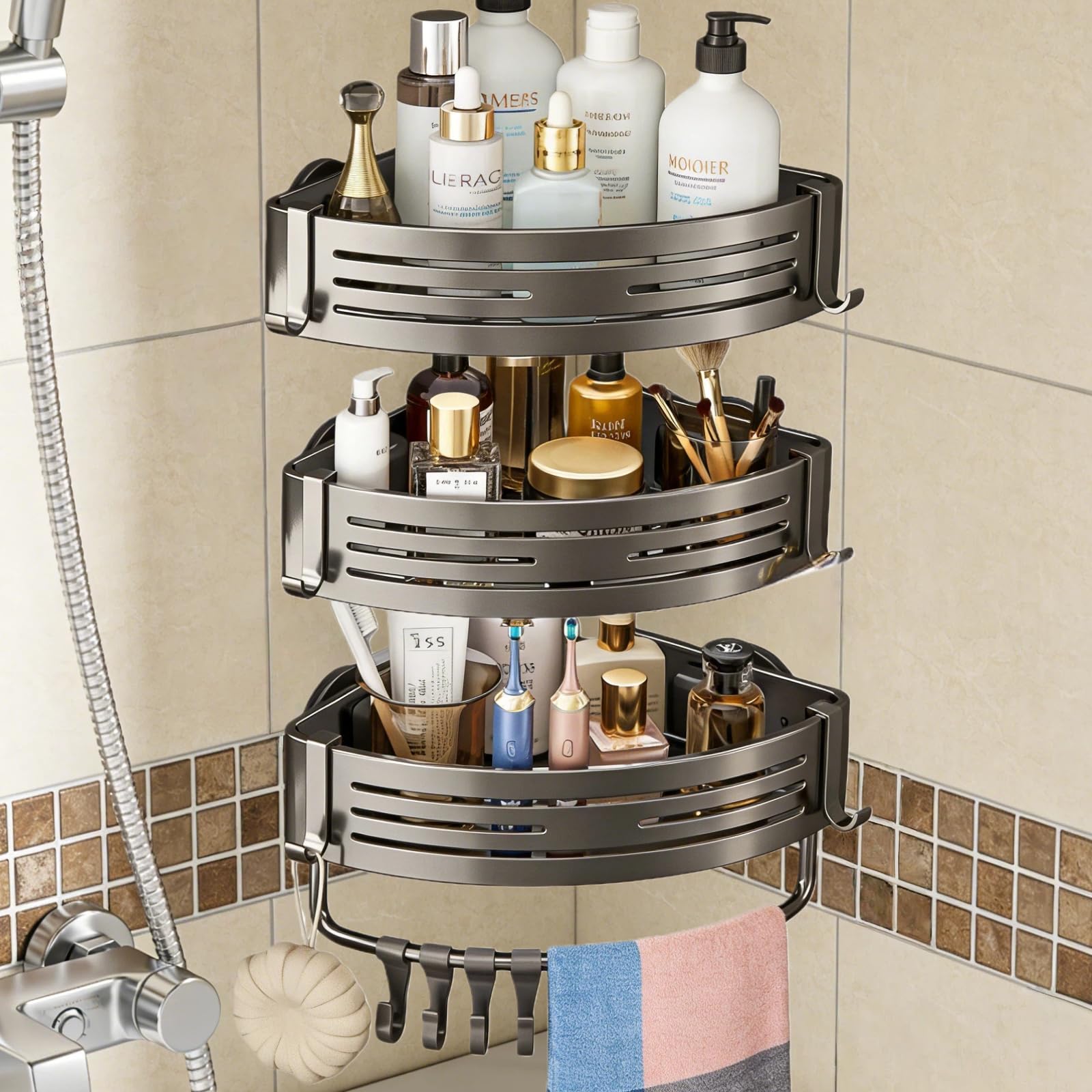 Photo 1 of 3Pcs Corner Shower Shelf Caddy Suction Cup, No Drill Hole with Towel Bar and Hook, Gray Bathroom Storage Rack, Zero Drill Triangle Shelves, Store Toiletries and Bath Towel for Bathroom Kitchen RV