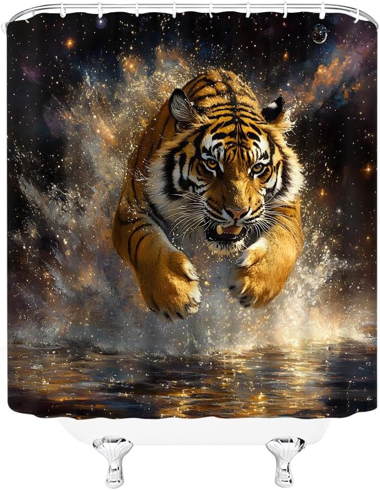 Tiger Shower Curtain Cool Animal Jumping Water Big Cat Summer Safari Wildlife Outer Space Universe Galaxy Bathroom Decor Polyester Fabric Curtains with Hook 80Wx70H Inches