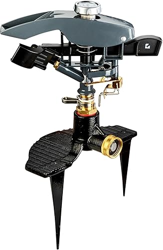 Aspersor de impacto pulsante para césped 300004, resistente, ajustable a 360 grados en estacas de metal de 3 puntas por New England Garden Tools