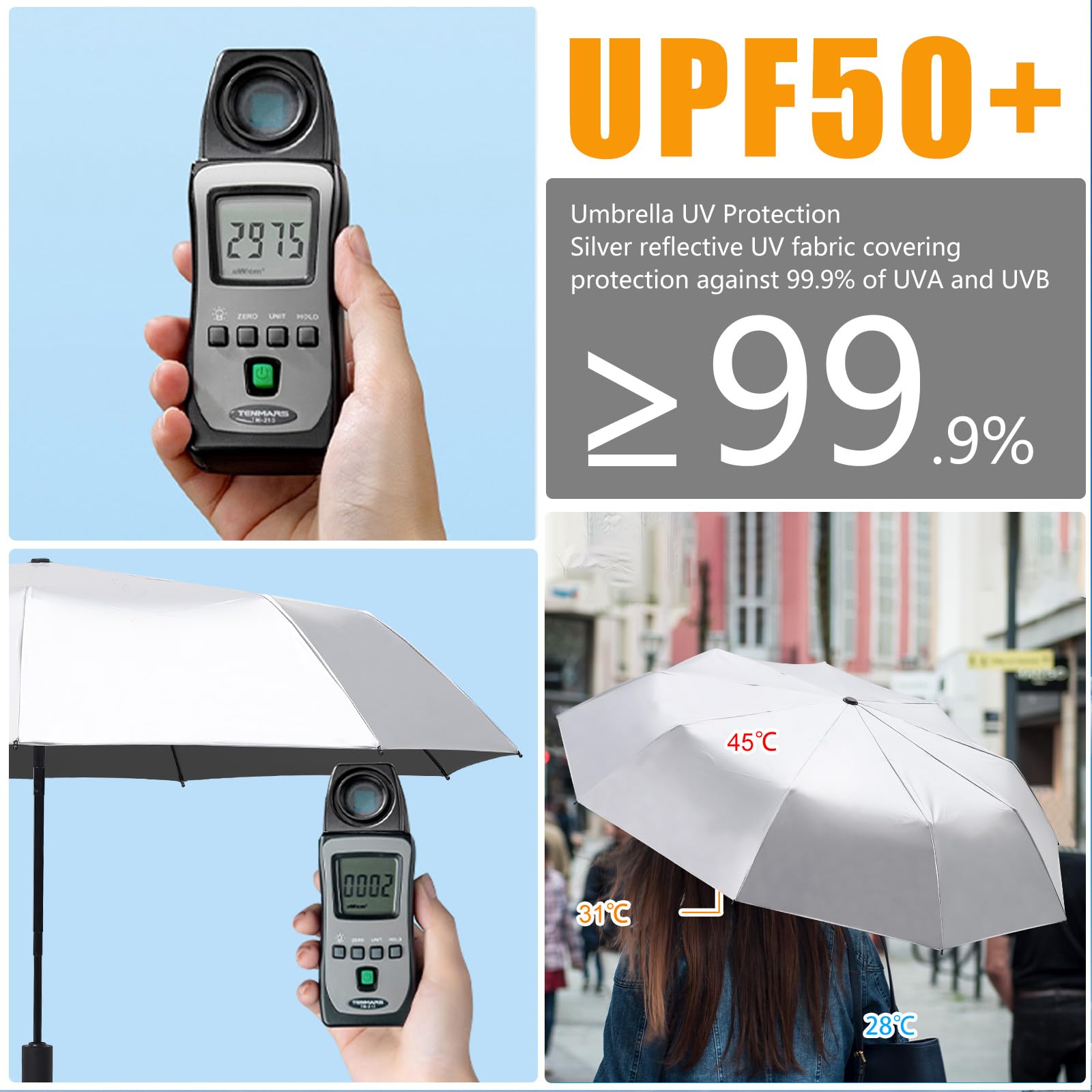 Sombrilla de viaje con protección solar UPF 50+ para protección solar, protección UV para caminar (negro) 3