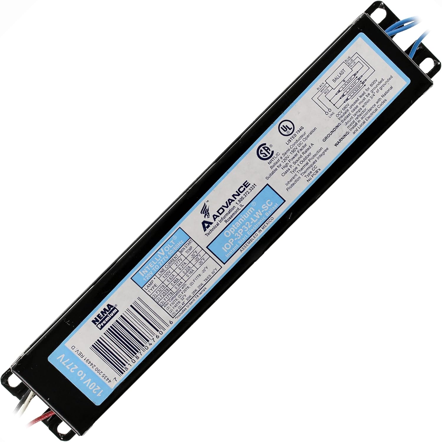 Advance IOP-3P32-LW-SC Fluorescent Ballast, 3-Lamp, F32T8, 32W T8, 120-277V