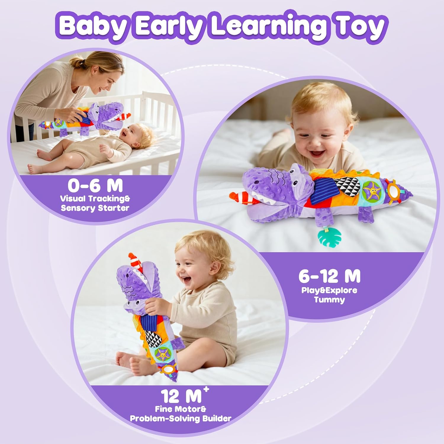 GKDOMS Purple Crocodile Plush Musical Stuffed Animal Alligator Baby Sensory Toy Tummy Time Learning Toy Soft Soothing Toys for Babies 0-36 Months Baby Shower 1st Birthday Gifts