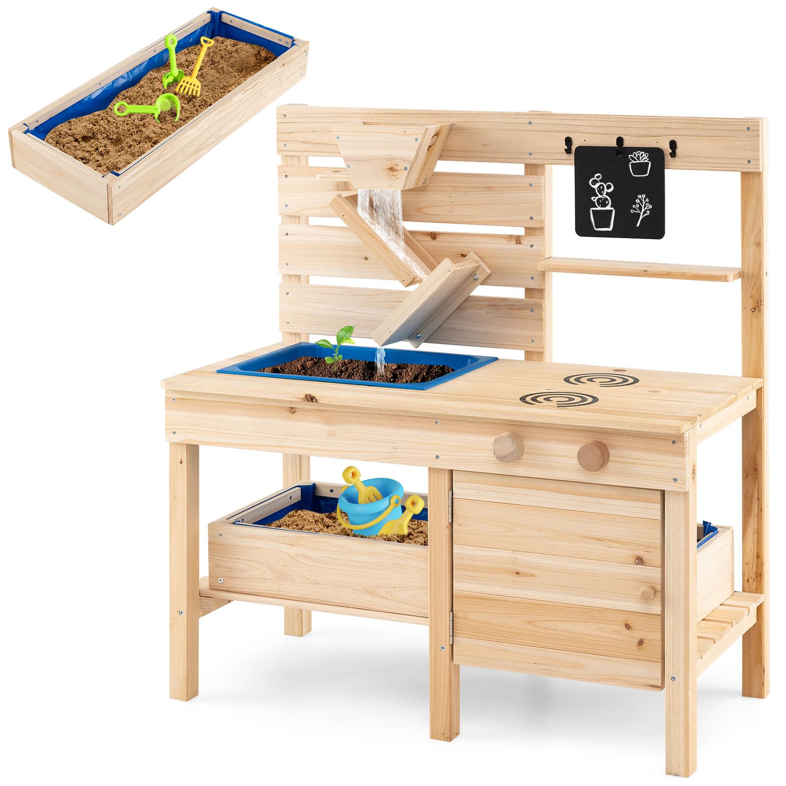 COSTWAY Mud Kitchen, Fir Wood Kids Play Kitchen with Detachable Sandbox, Stoves, Sink, Chalkboard, Sand Funnel & Storage Shelf, Outdoor Pretend Kitchen Potting Bench for Boys Girls Ages 3-8