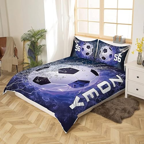 Miniatura 2 de Juego de ropa de cama personalizado con tu nombre, juego de ropa de cama matrimonial de fútbol de 34 piezas, ropa de cama de fútbol tamaño King,
