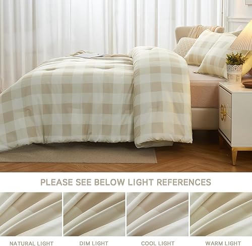 Miniatura 6 de Andency Juego de edredón de cuadrícula beige, tamaño Queen (90 x 90 pulgadas), 3 piezas (1 edredón de rejilla y 2 fundas de almohada), edredón de