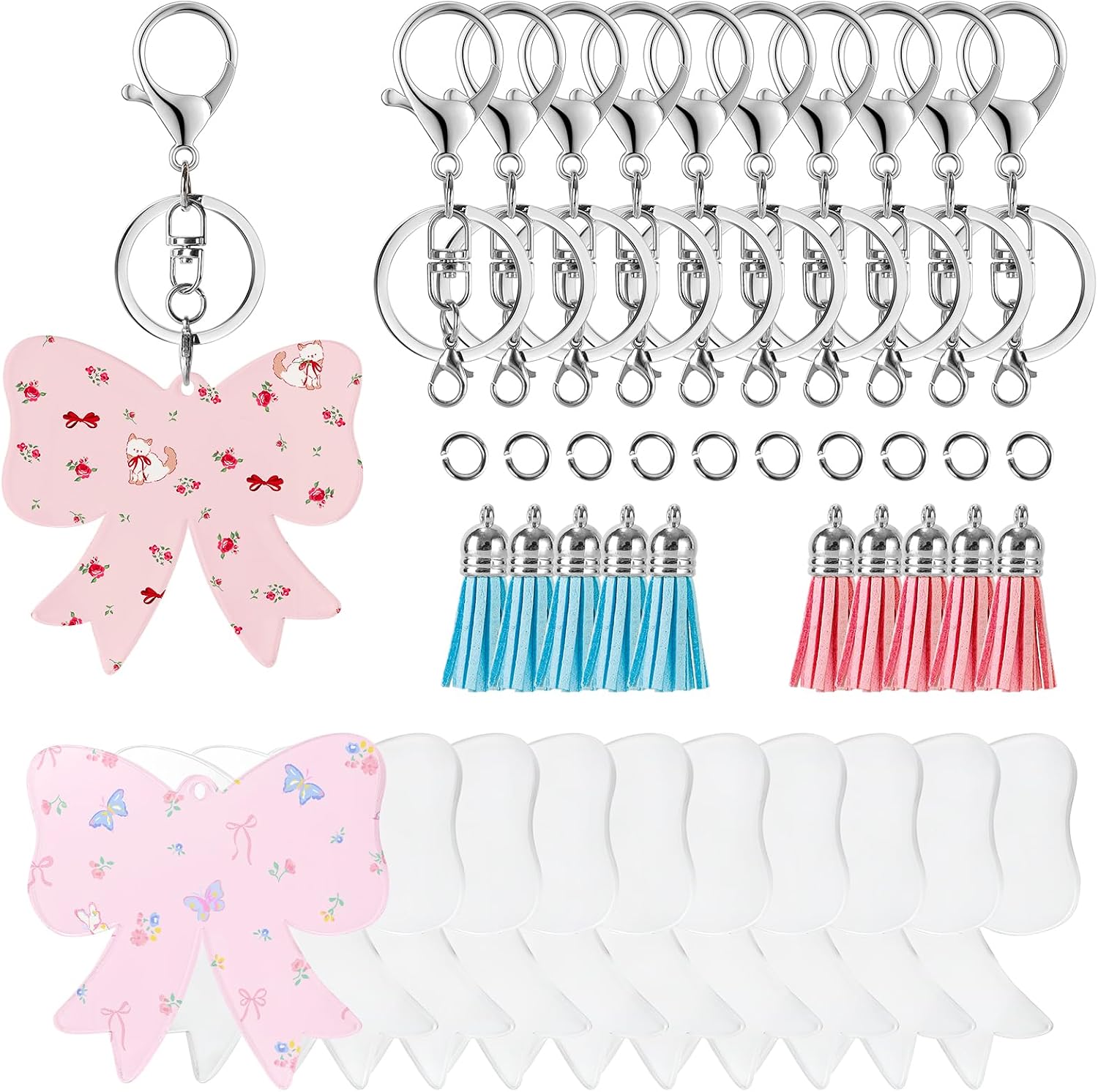 10 pcs Sublimation Acrylic Bow Blanks, DIY Craft Supplies with Tassels & Keychain Rings for Personalized Gifts, Bag Charms & Luggage Tags (Classic Bow)