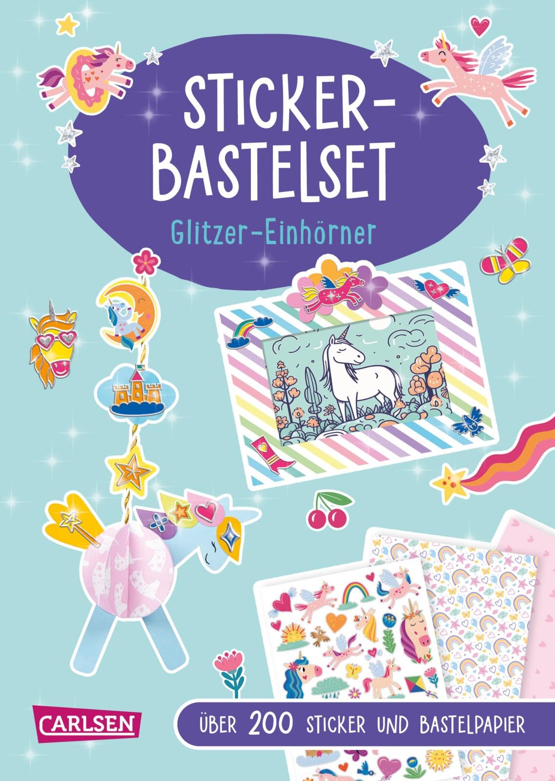 Sticker-Bastelset Glitzer-Einhörner – Bastelbuch mit Vorlagen, Papier & Stickern