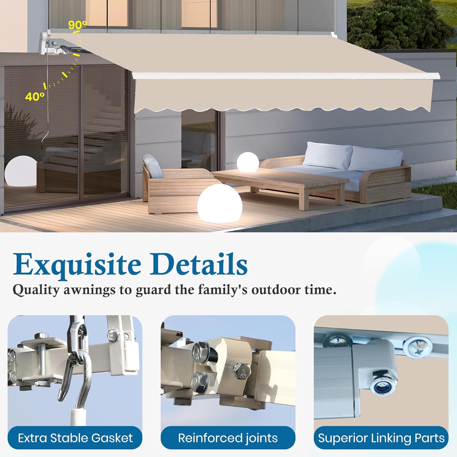 13.1'x8.2' Patio Awning Retractable Awning Cover Sunshade Shelter Outdoor Canopy with Crank Handle and Water-Resistant Polyester for Courtyard, Balcony, Shop, Restaurant, Cafe, Deck