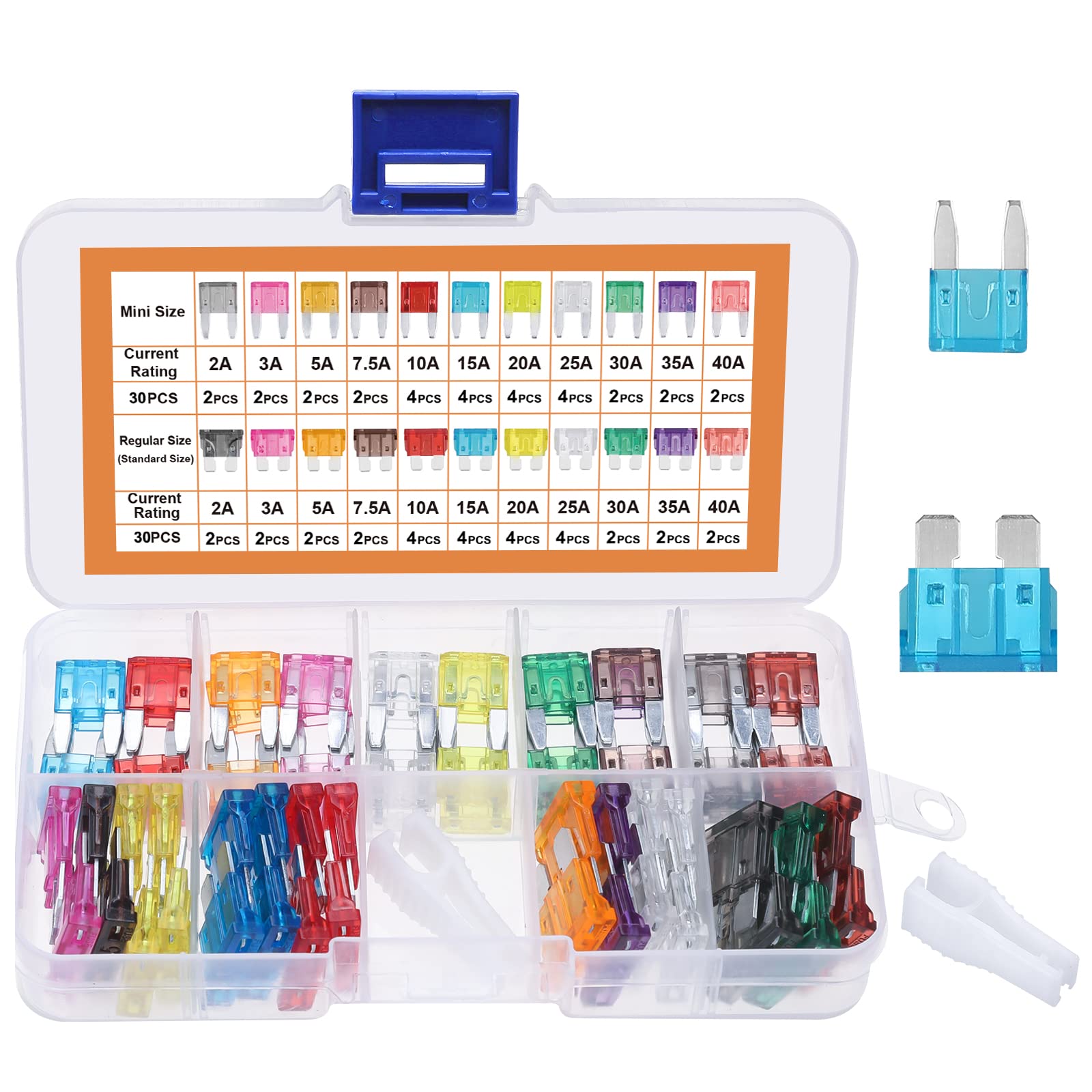 JOREST 60Pcs Mini & Standard Car Fuse Assortment Kit, 30 Mini Blade Fuses Automotive + 30 Standard Auto Fuses + Fuse Puller - for Car/RV/Truck/Motorcycle(2Amp 3A 5A 7.5A 10A 15A 20A 25A 30A 35A 40A)