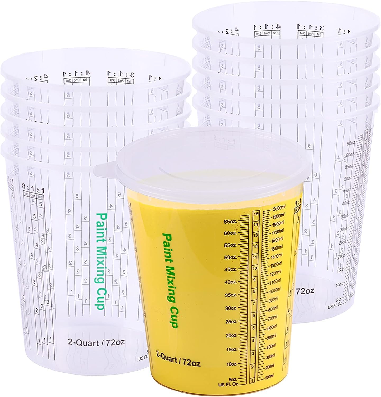 CANOPUS 72-oz Paint Mixing Cups, Pack of 12 Cups with 3 Lids, Reusable and Solvent-Resistant Clear Plastic Containers for Paint, Epoxy, Resin, Oil, and Thinner