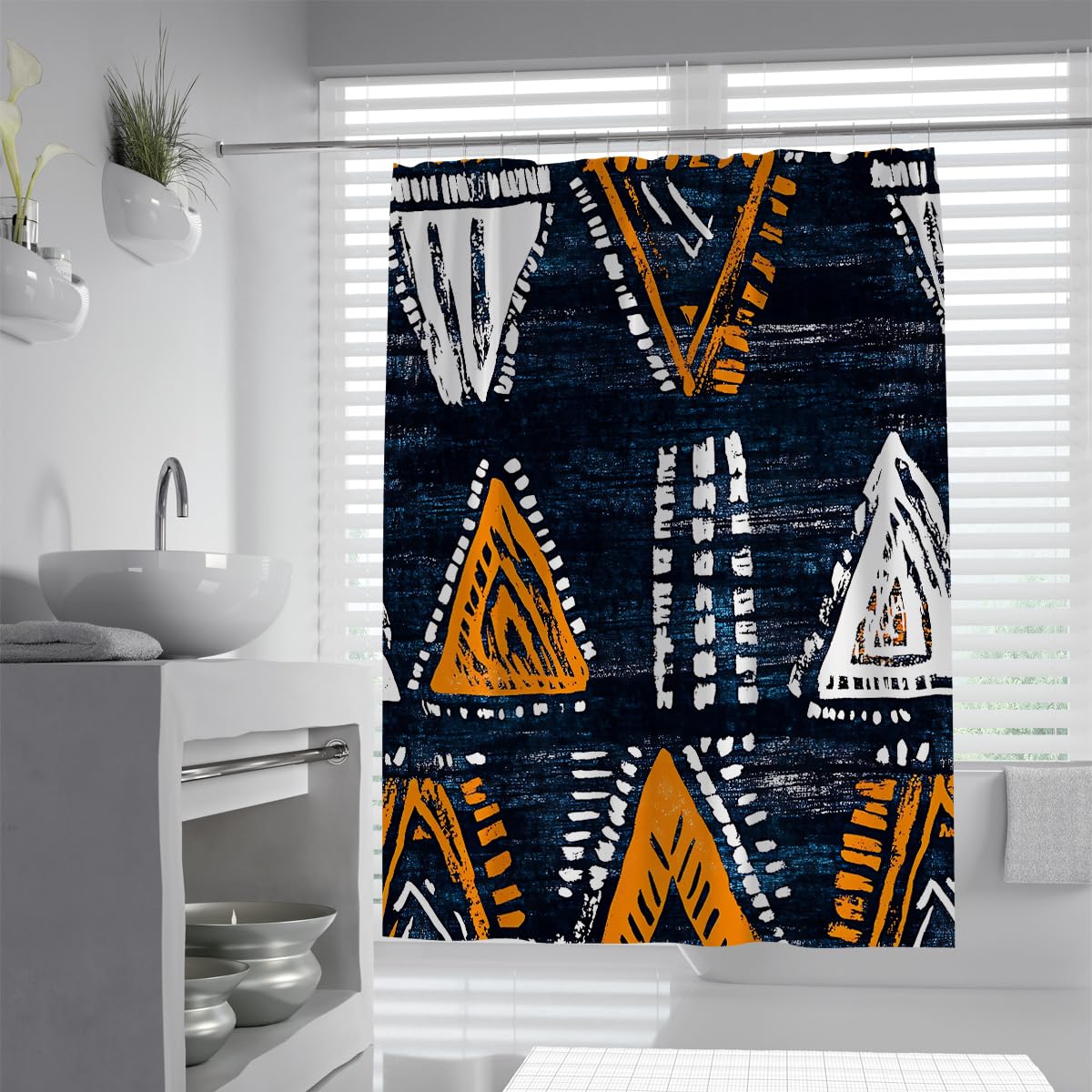 UERWOWELL Rural Ethnic Shower Curtain Chevron Geometric Shower Curtain for Restroom Decoration Machine Washable Waterproof Bathroom Curtains Blue W200xL200 cm